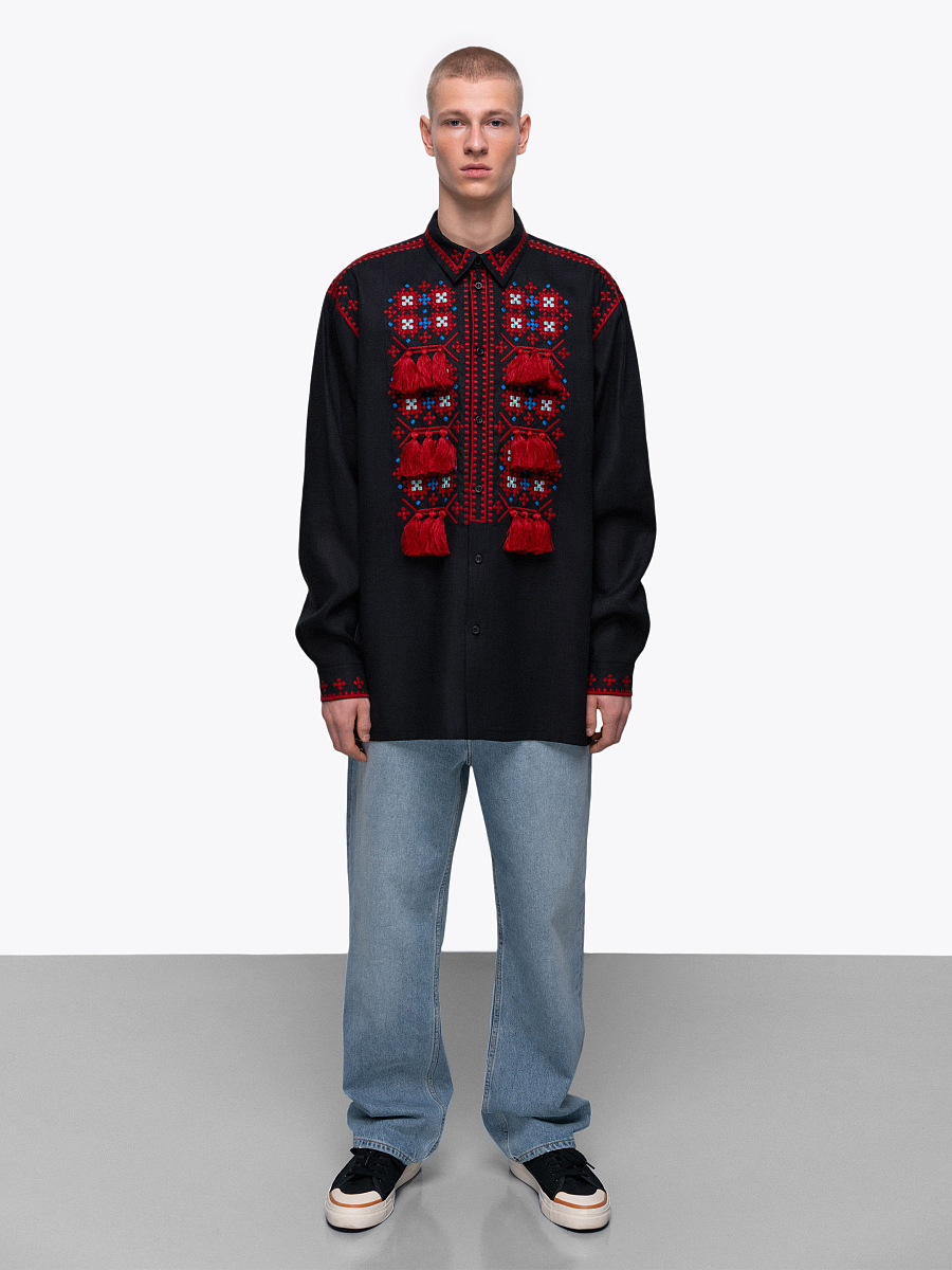 Men's embroidered shirt with a collar and massive tassels Zemlya [0]
