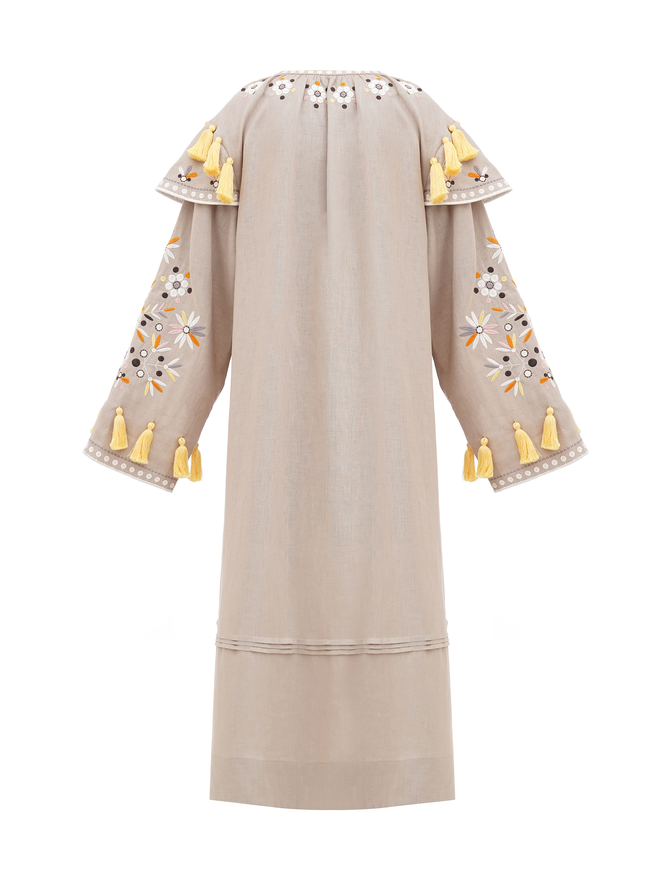 Beige linen embroidered dress with floral motifs and tassels Vesnyanka Beige buy