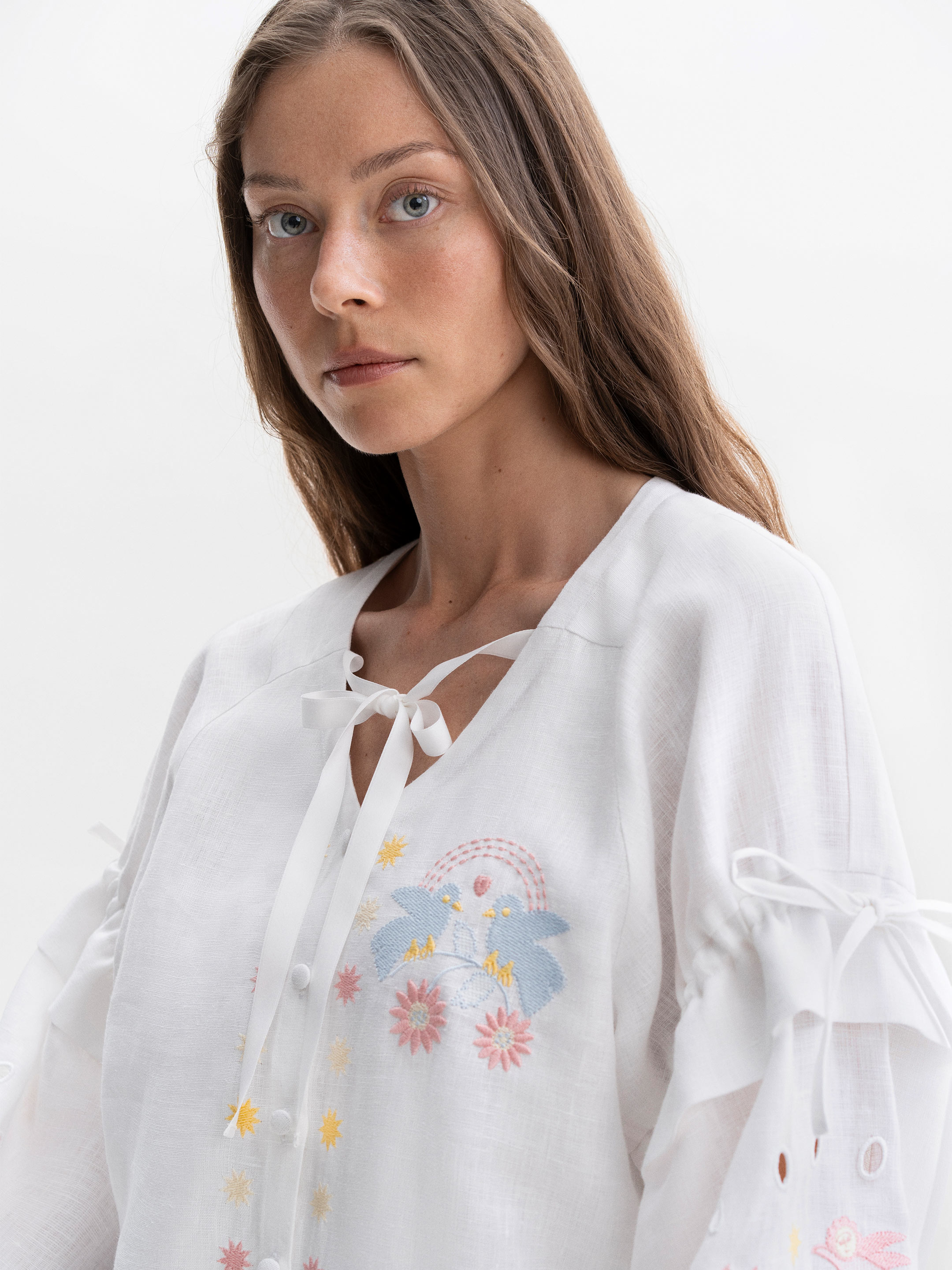 White embroidered shirt with colorful embroidery Polina cheap