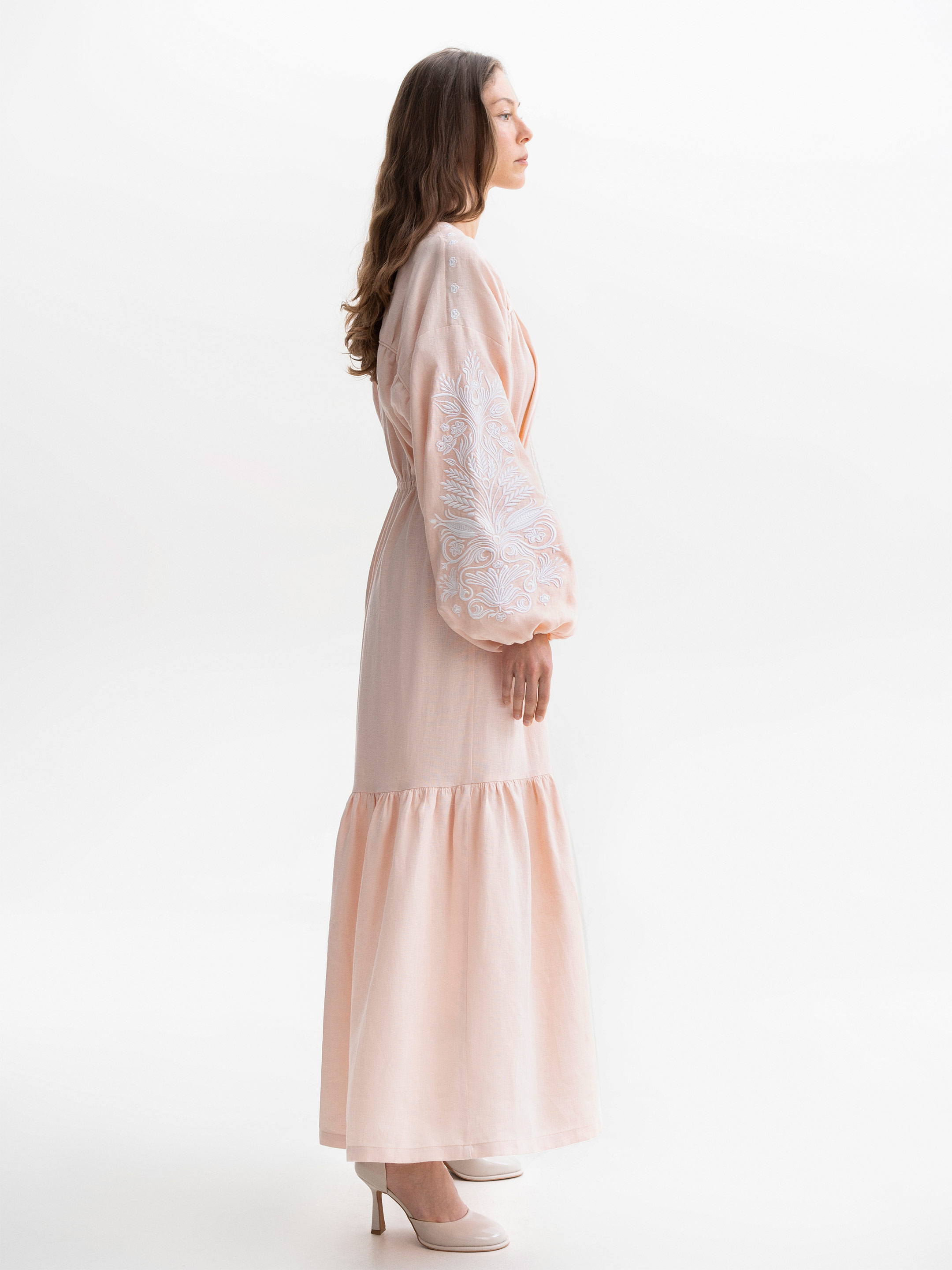 Peach embroidered midi dress with white embroidery Kamiana Vyshyvanka ціна