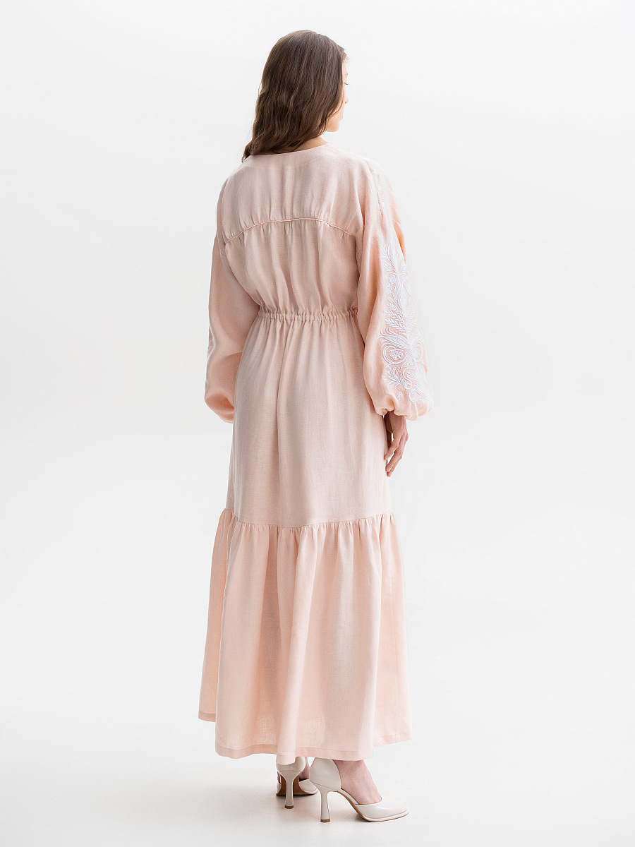 Peach embroidered midi dress with white embroidery Kamiana Vyshyvanka [0]