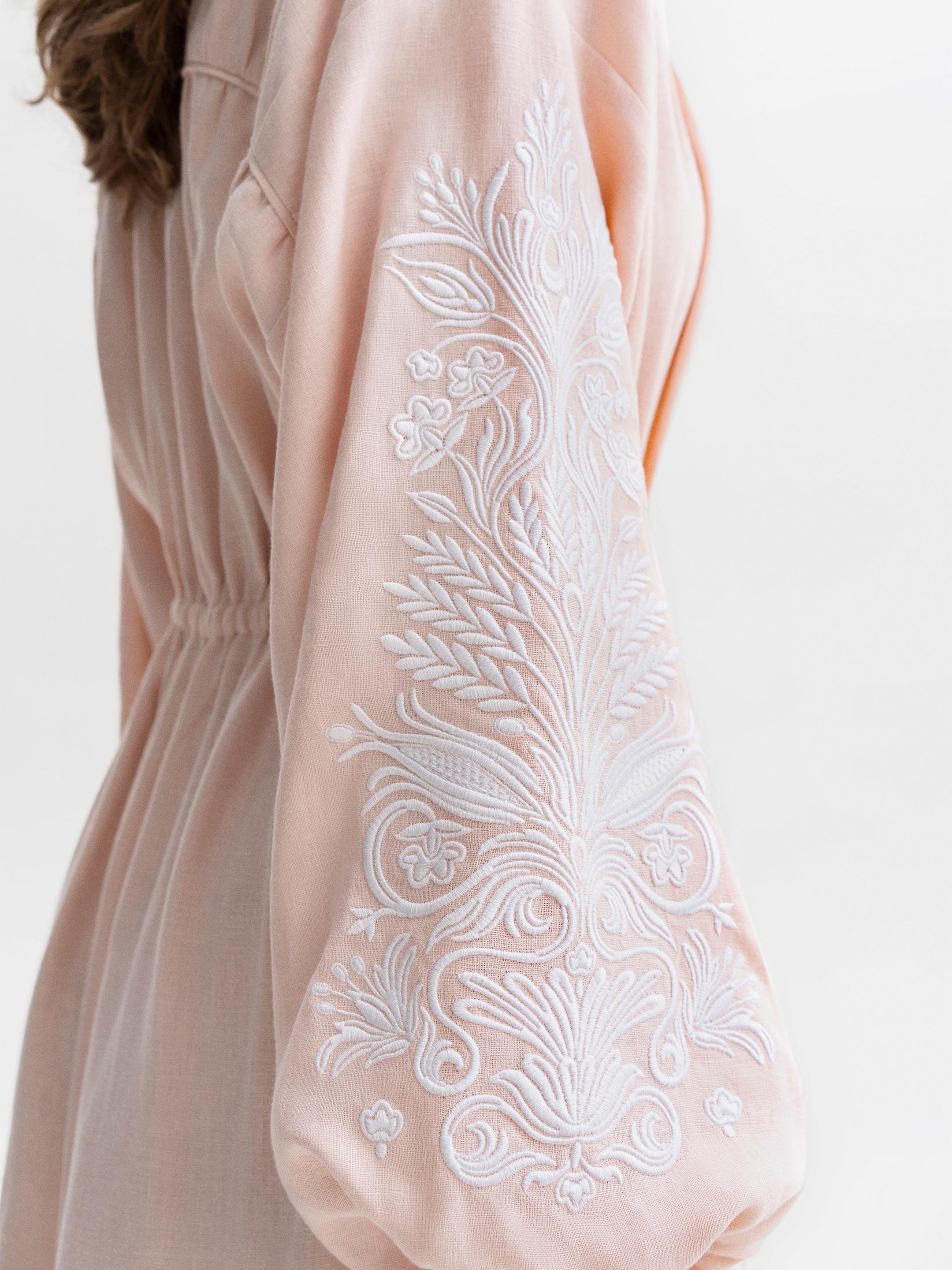 Peach embroidered midi dress with white embroidery Kamiana Vyshyvanka photo