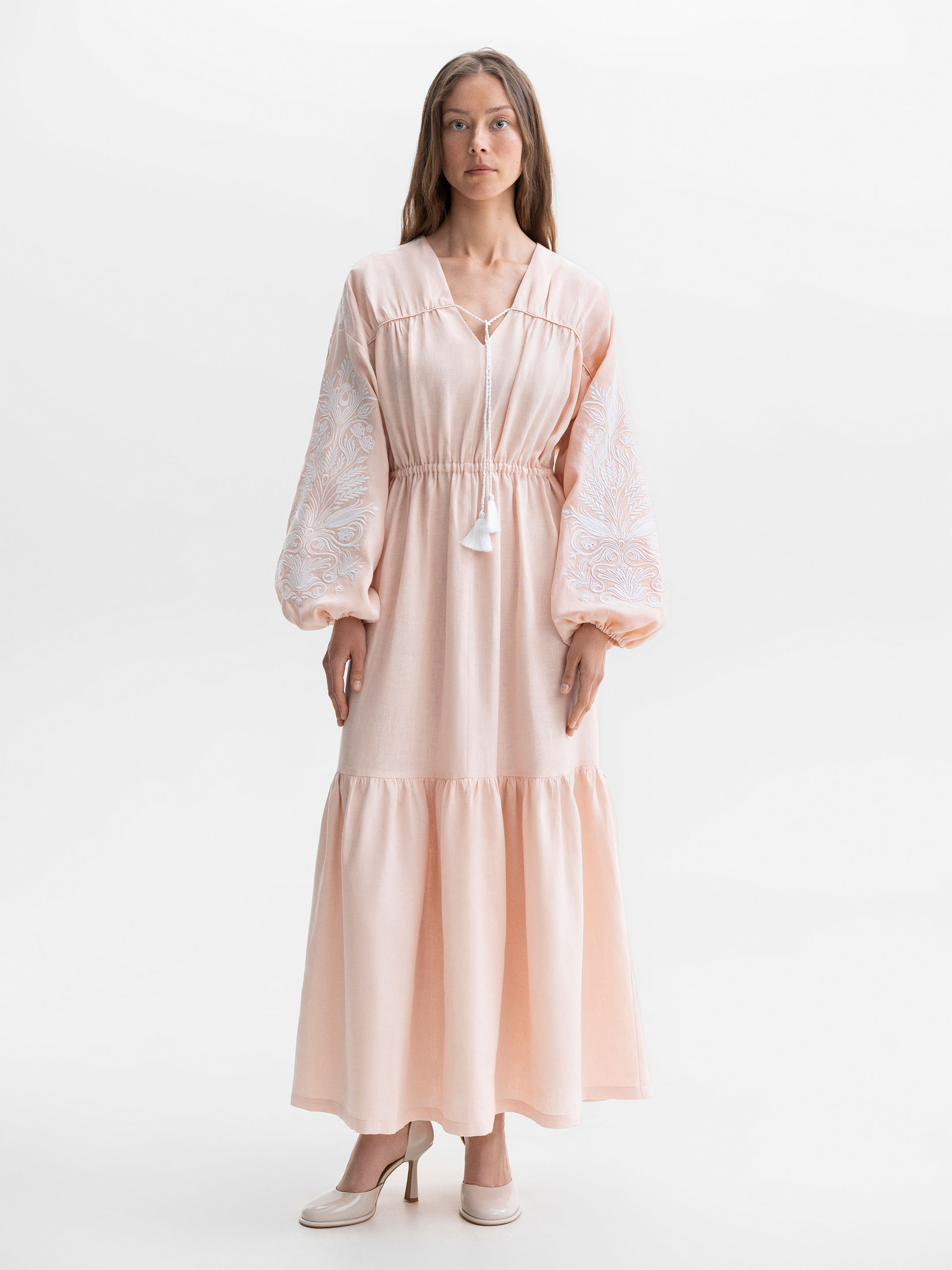 Peach embroidered midi dress with white embroidery Kamiana Vyshyvanka Buy