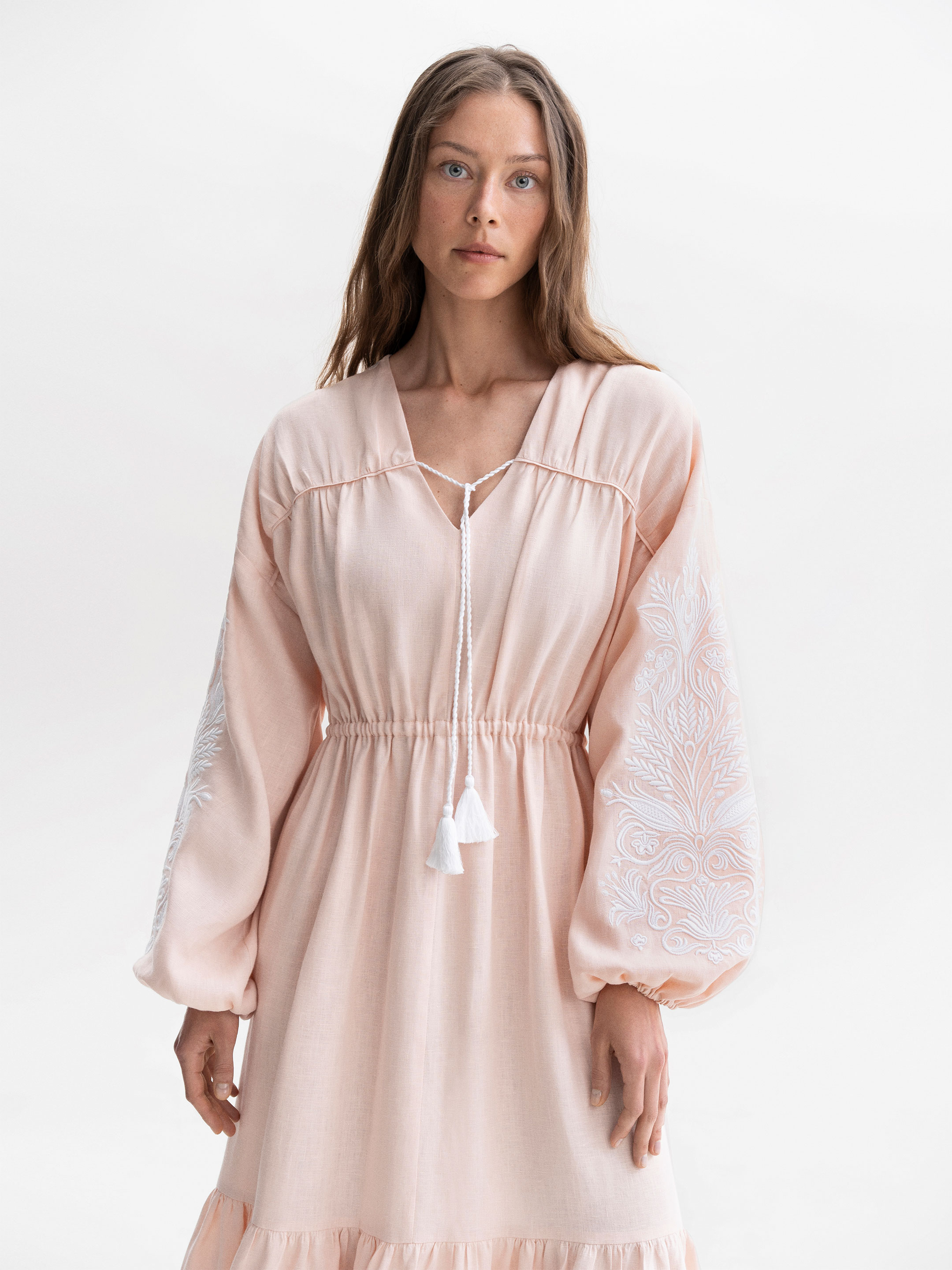 Peach embroidered midi dress with white embroidery Kamiana Vyshyvanka cheap