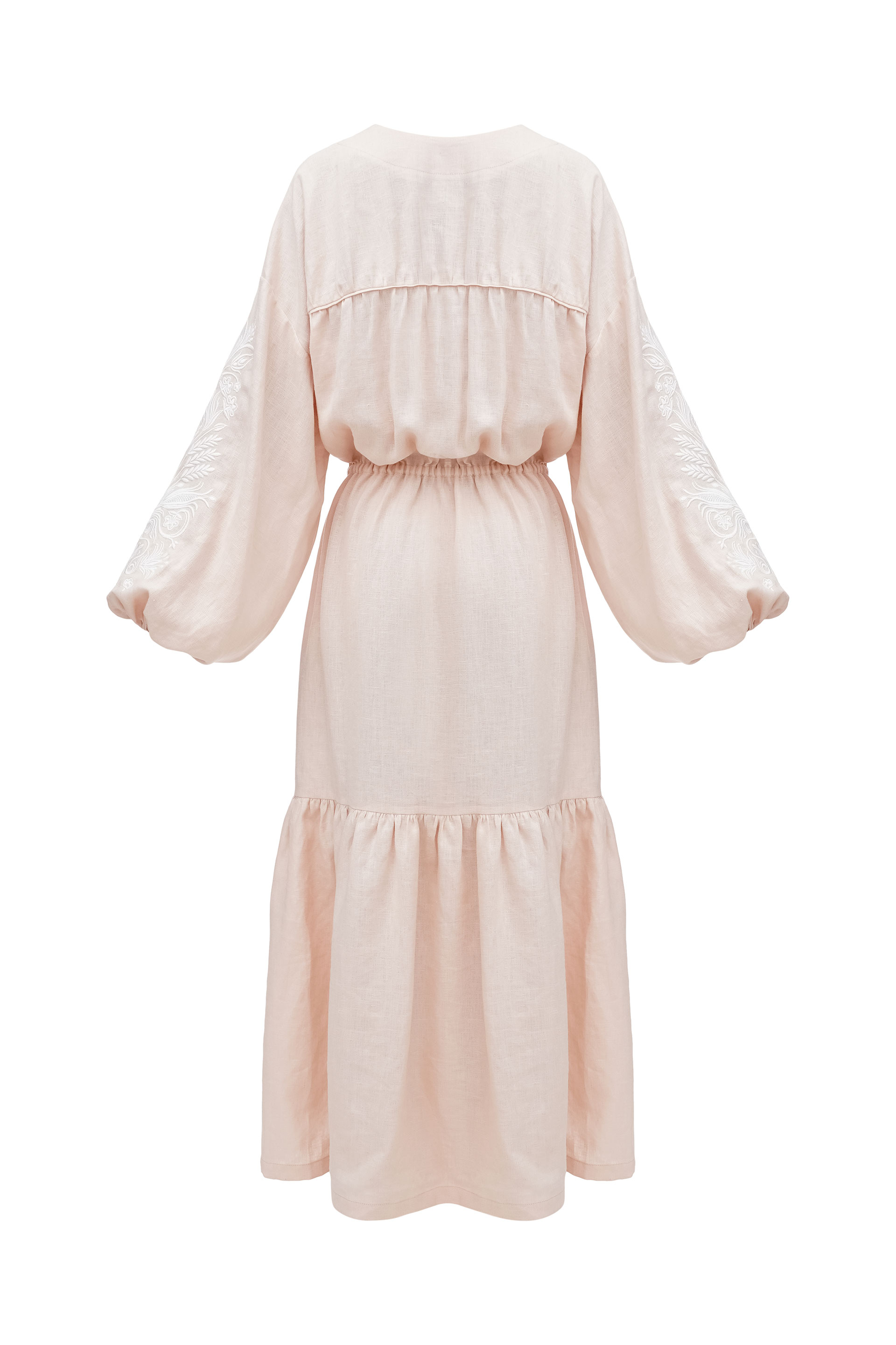 Peach embroidered midi dress with white embroidery Kamiana Vyshyvanka fitting