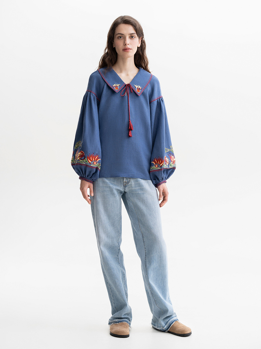 Blue embroidered women's jacket with colorful embroidery Mariupol [0]