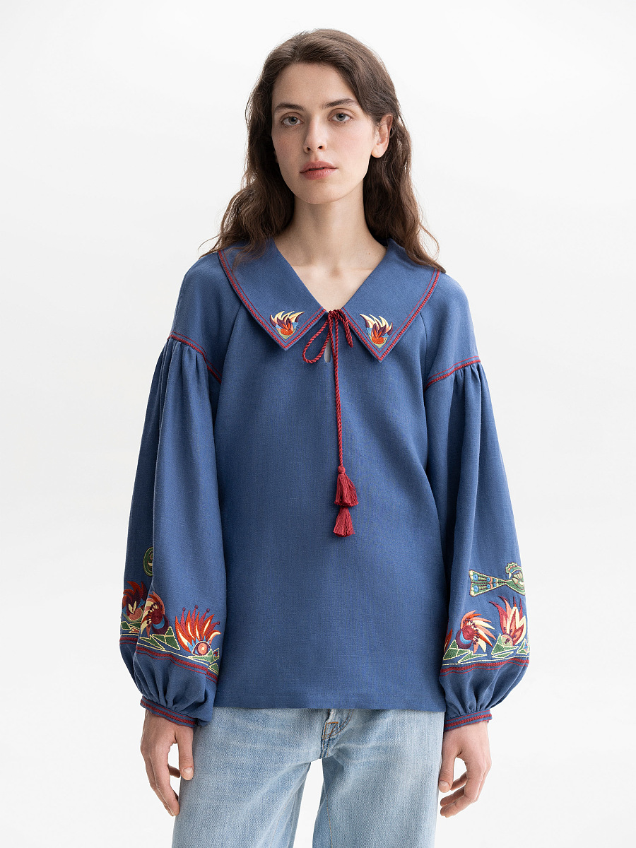 Blue embroidered women's jacket with colorful embroidery Mariupol [0]