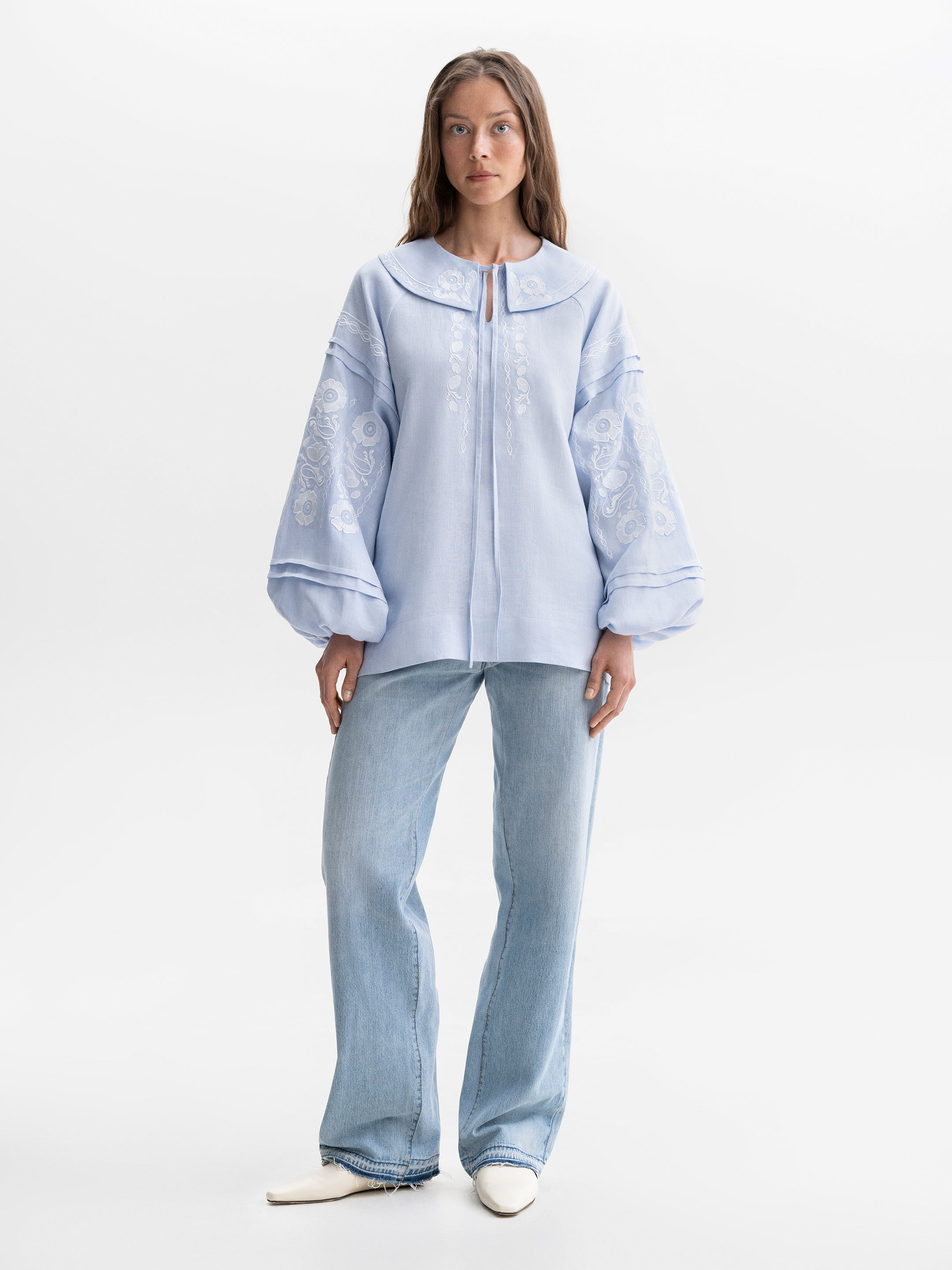 Soft blue shirt with white embroidery Dnipryana fitting