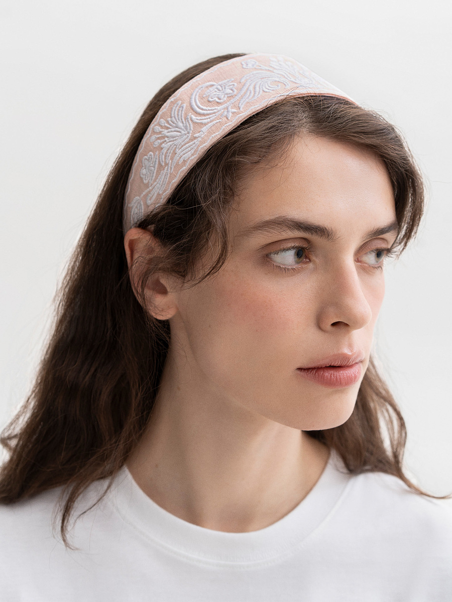 A peach-colored cap with white embroidery Kamiana Vyshyvanka [0]