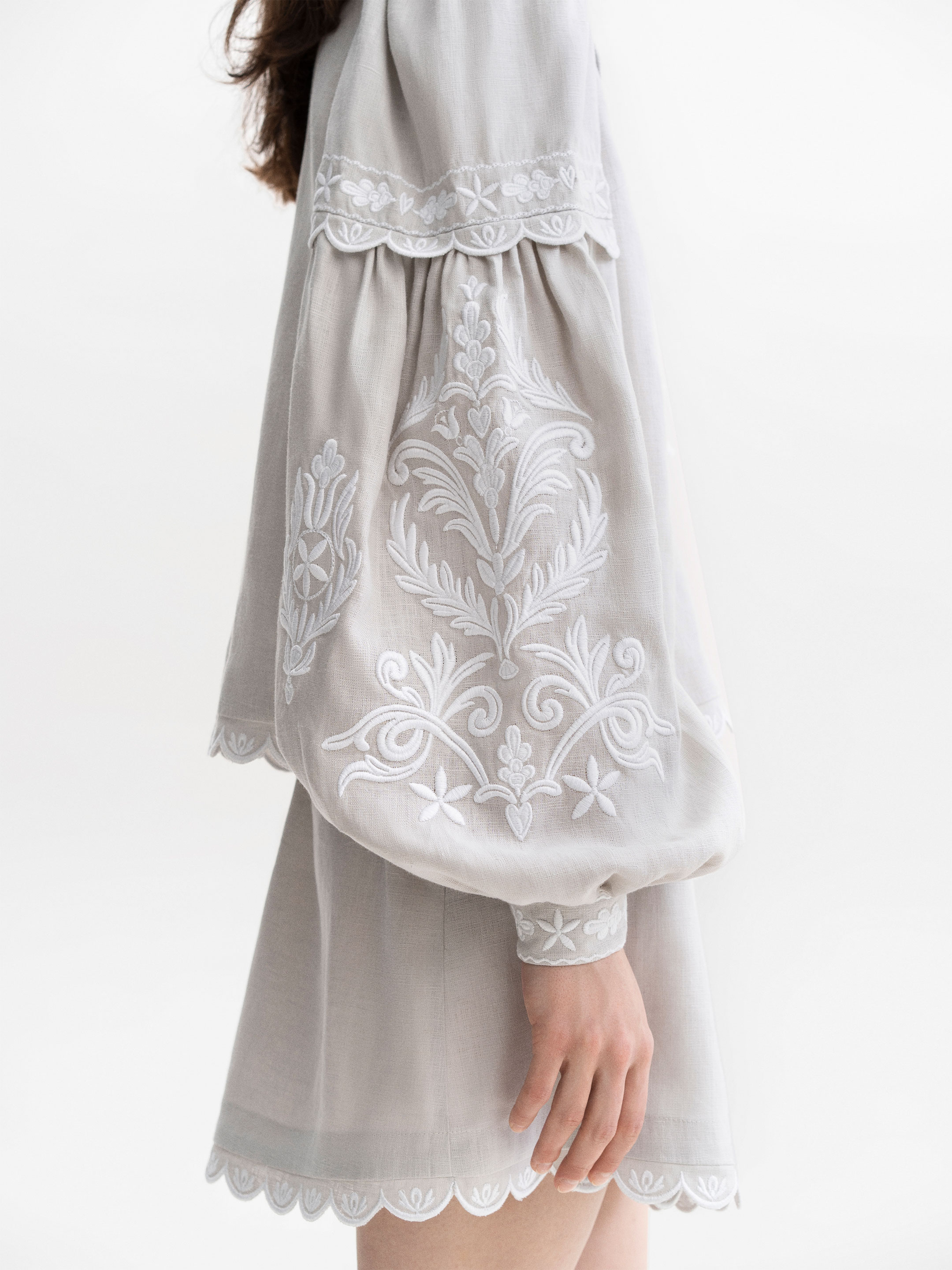 Gray linen blouse with white embroidery Kakhovka in Ukraine