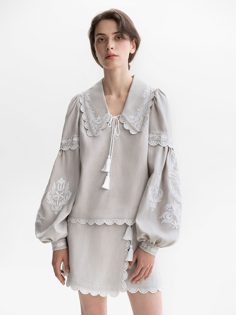 Gray linen blouse with white embroidery Kakhovka [0]