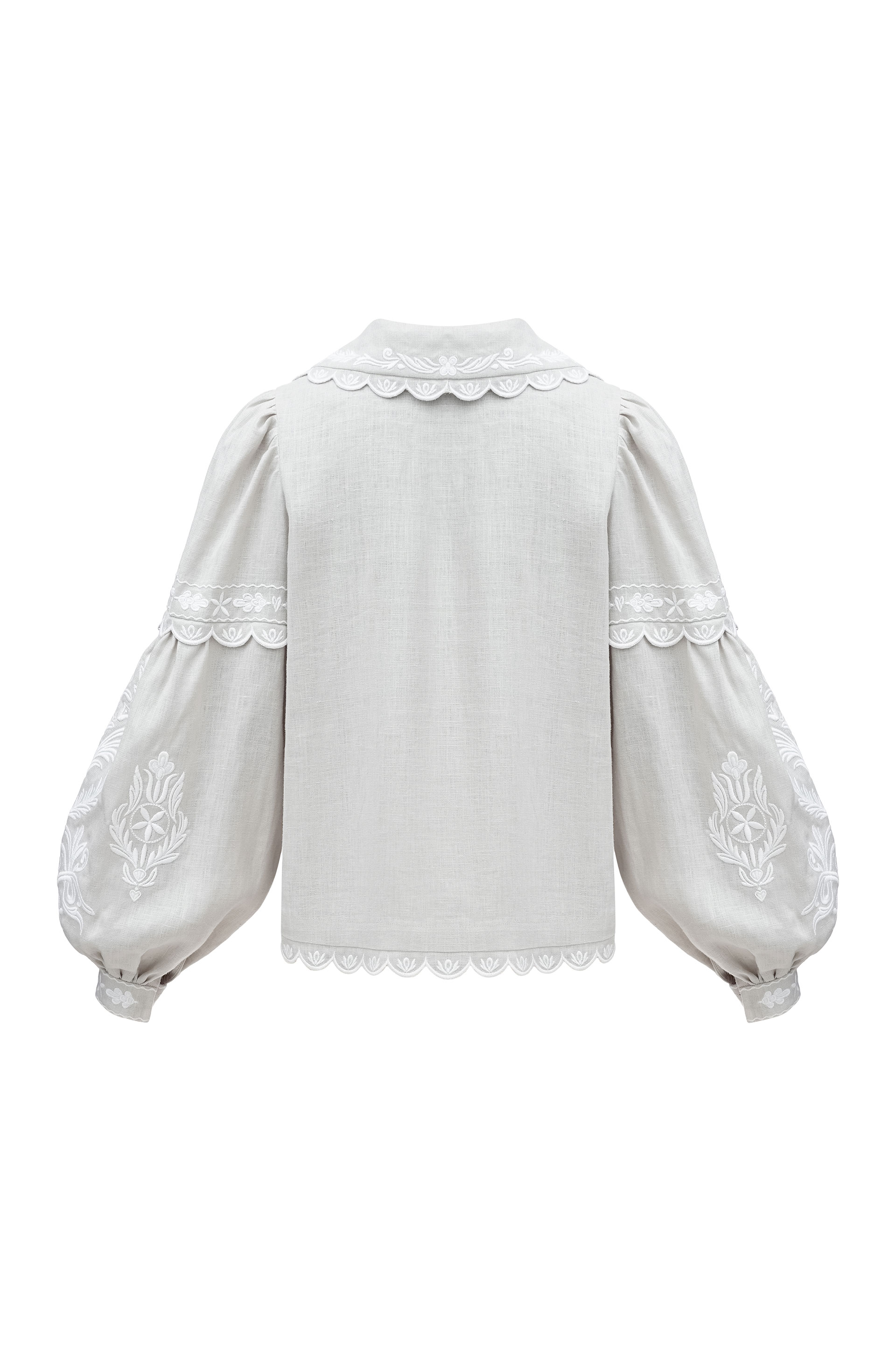 Gray linen blouse with white embroidery Kakhovka fitting