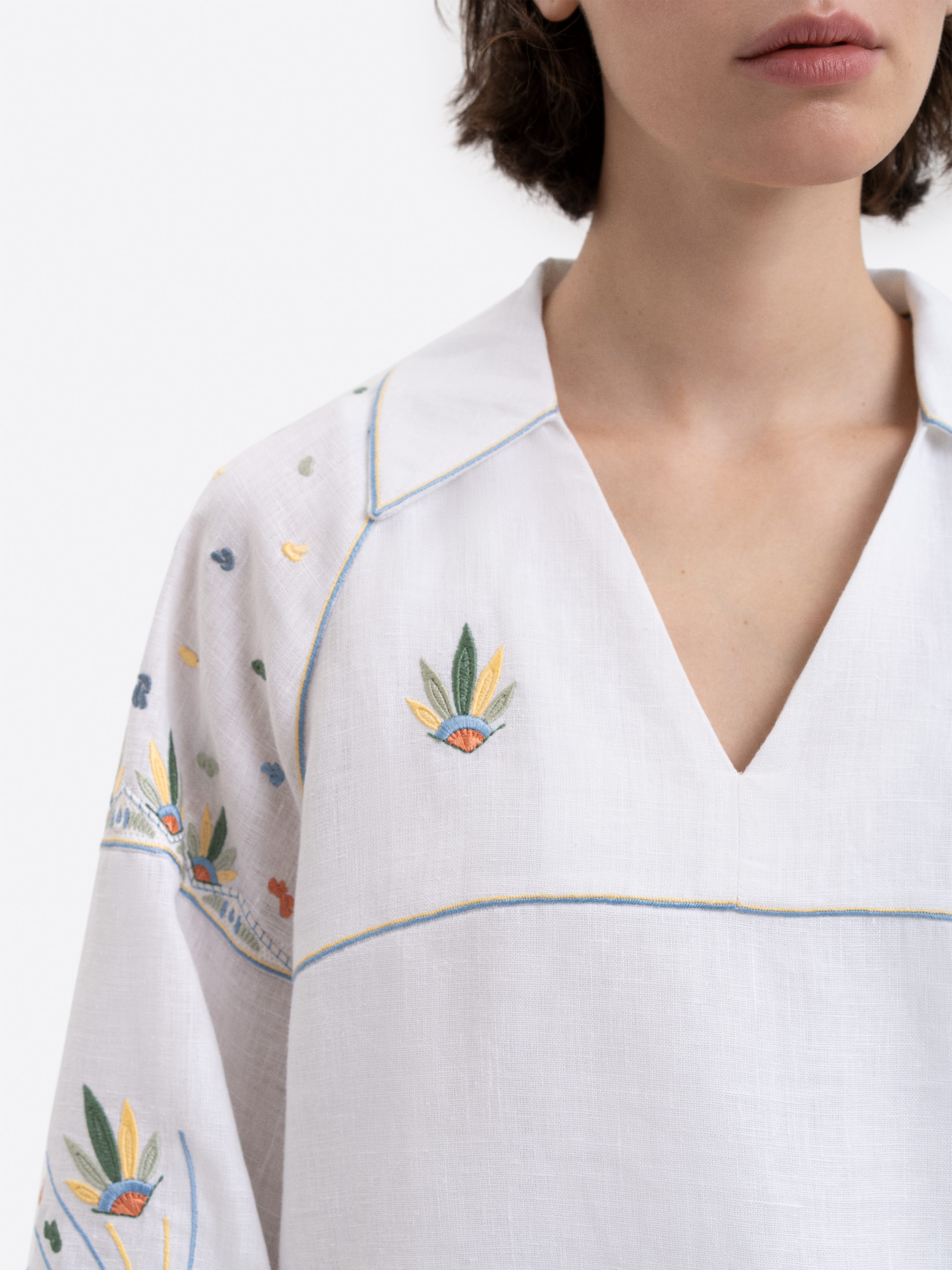 White embroidered shirt with colorful embroidery Boryviter fitting