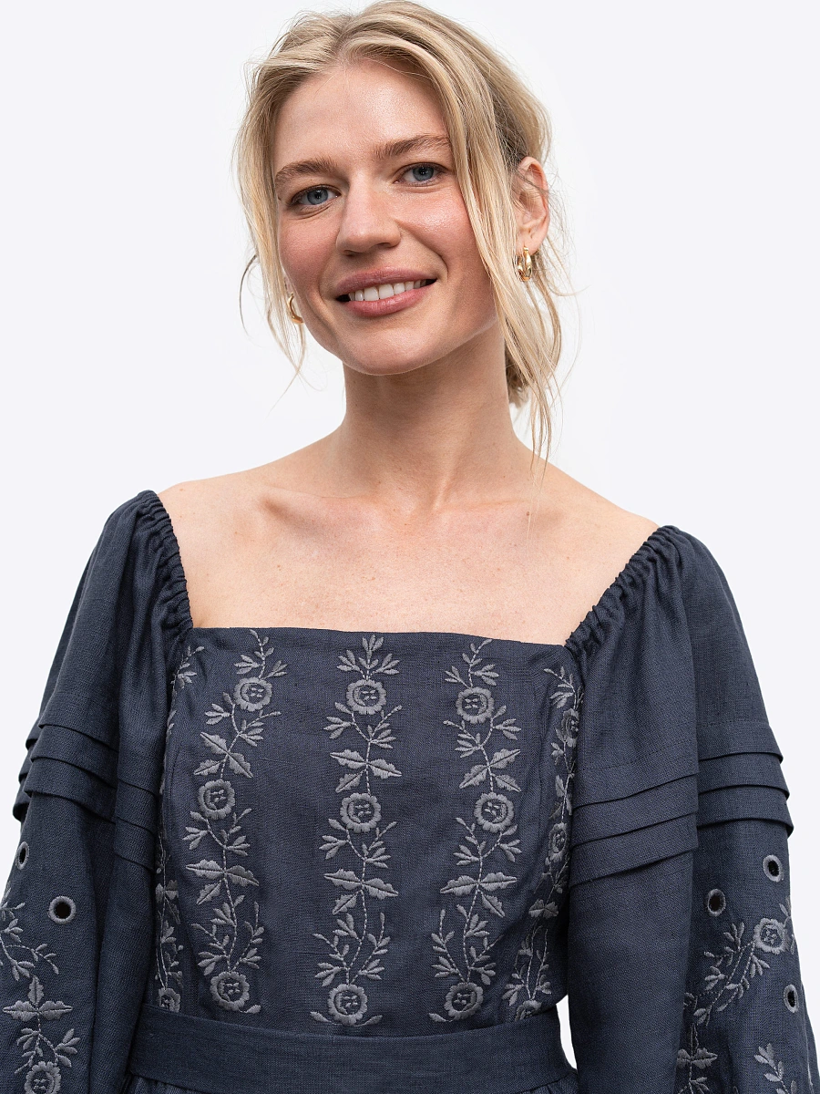 White linen embroidered dress Myt — Blue