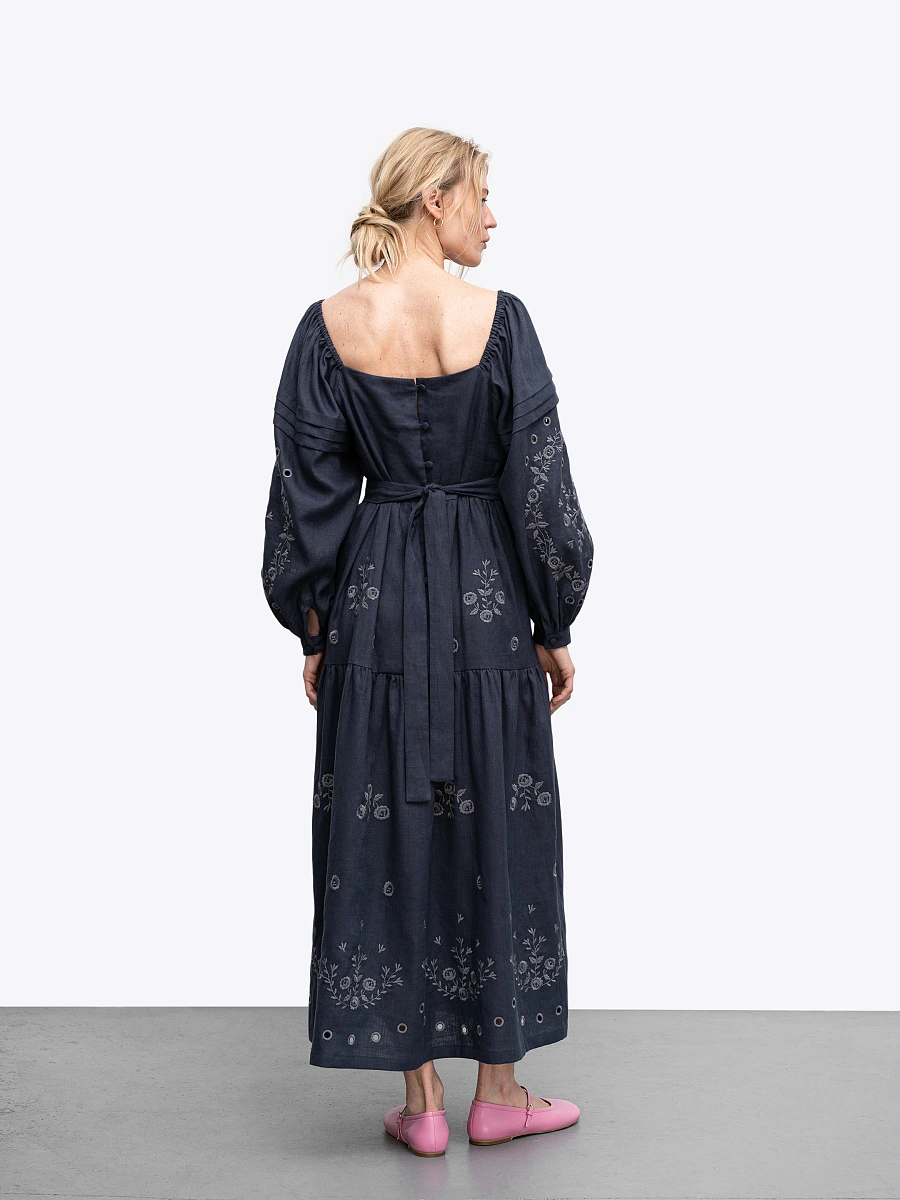 White linen embroidered dress Myt — Blue