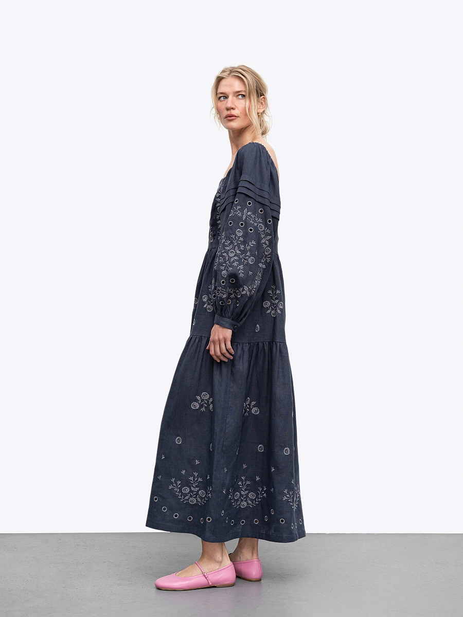White linen embroidered dress Myt — Blue