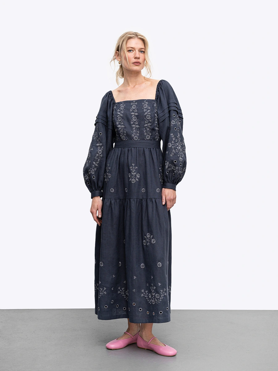 White linen embroidered dress Myt — Blue
