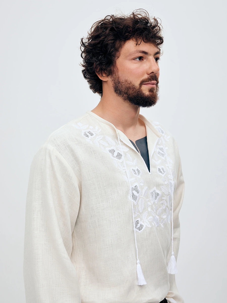 Men's shirt with white embroidery in the tone of "Vavylon XX" — Creamy