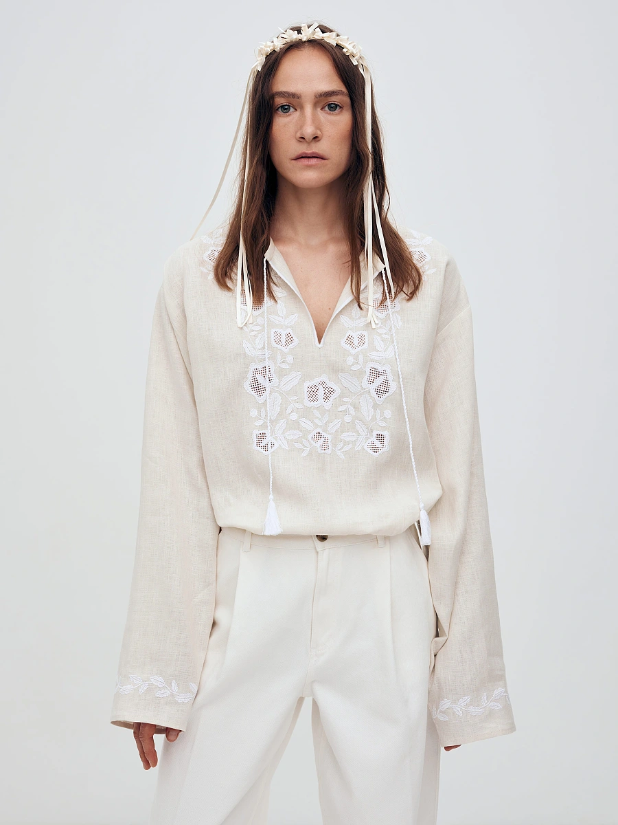 Men's shirt with white embroidery in the tone of "Vavylon XX" — Creamy