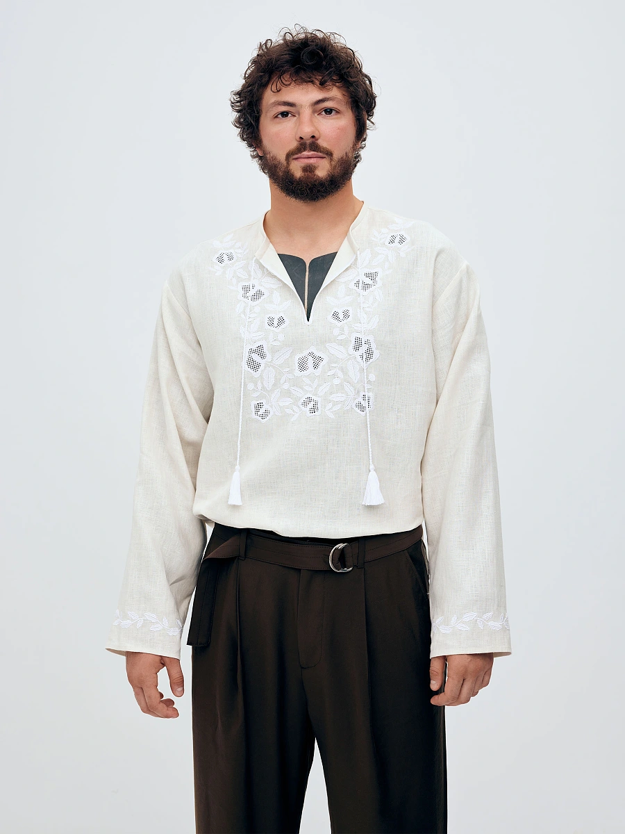 Men's shirt with white embroidery in the tone of "Vavylon XX" — Creamy
