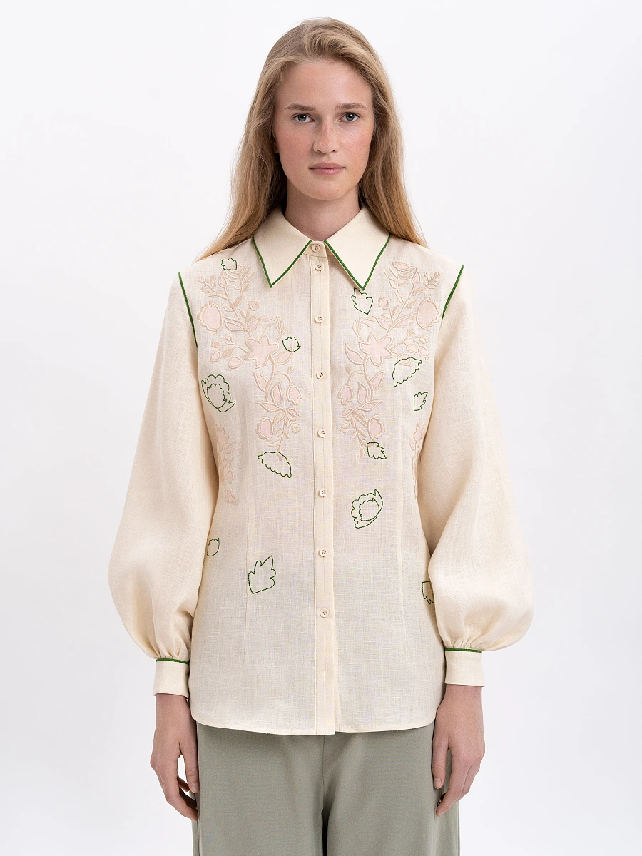 Black linen embroidered shirt "Zhuravlyna" — Creamy