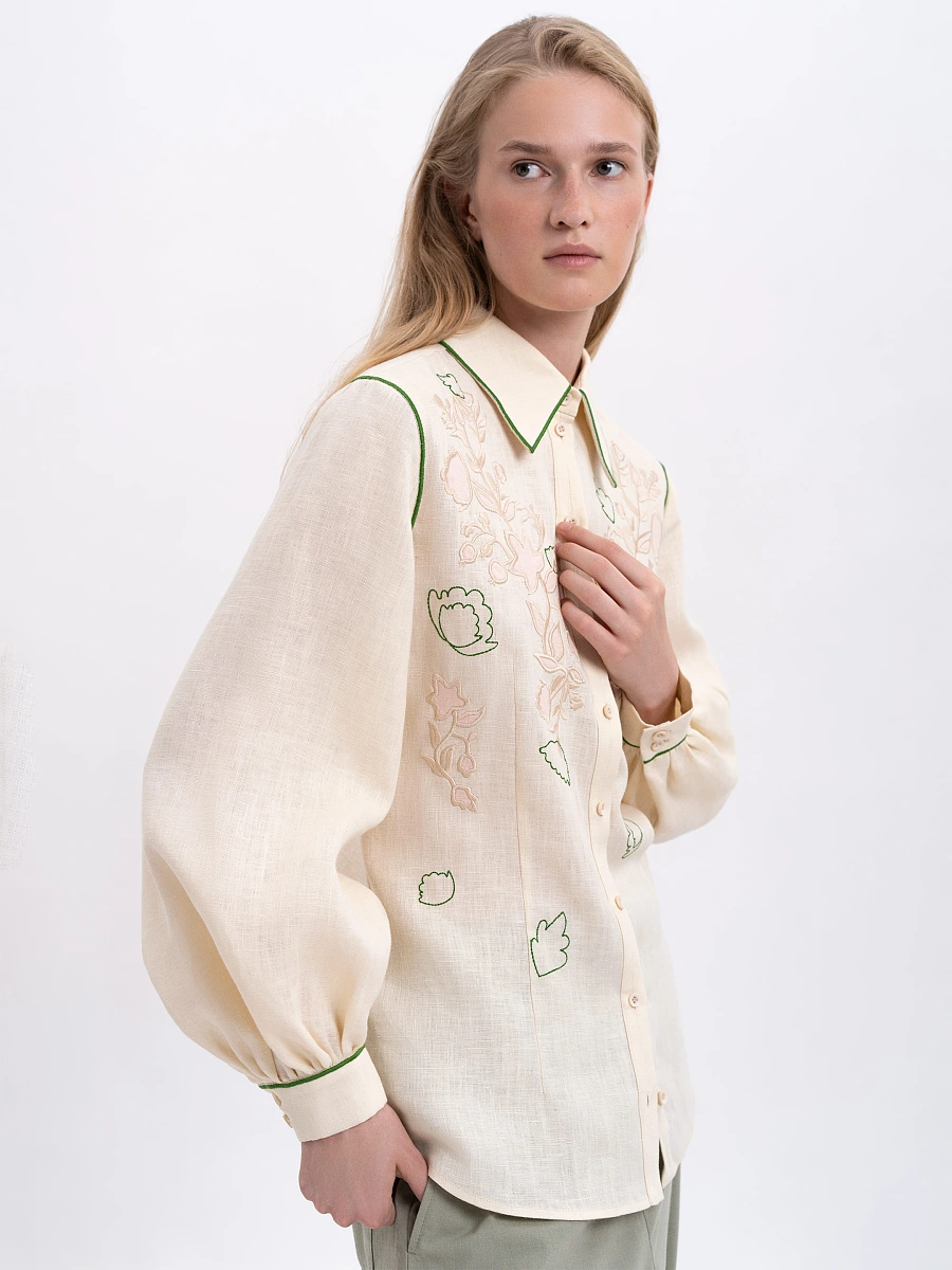 Black linen embroidered shirt "Zhuravlyna" — Creamy