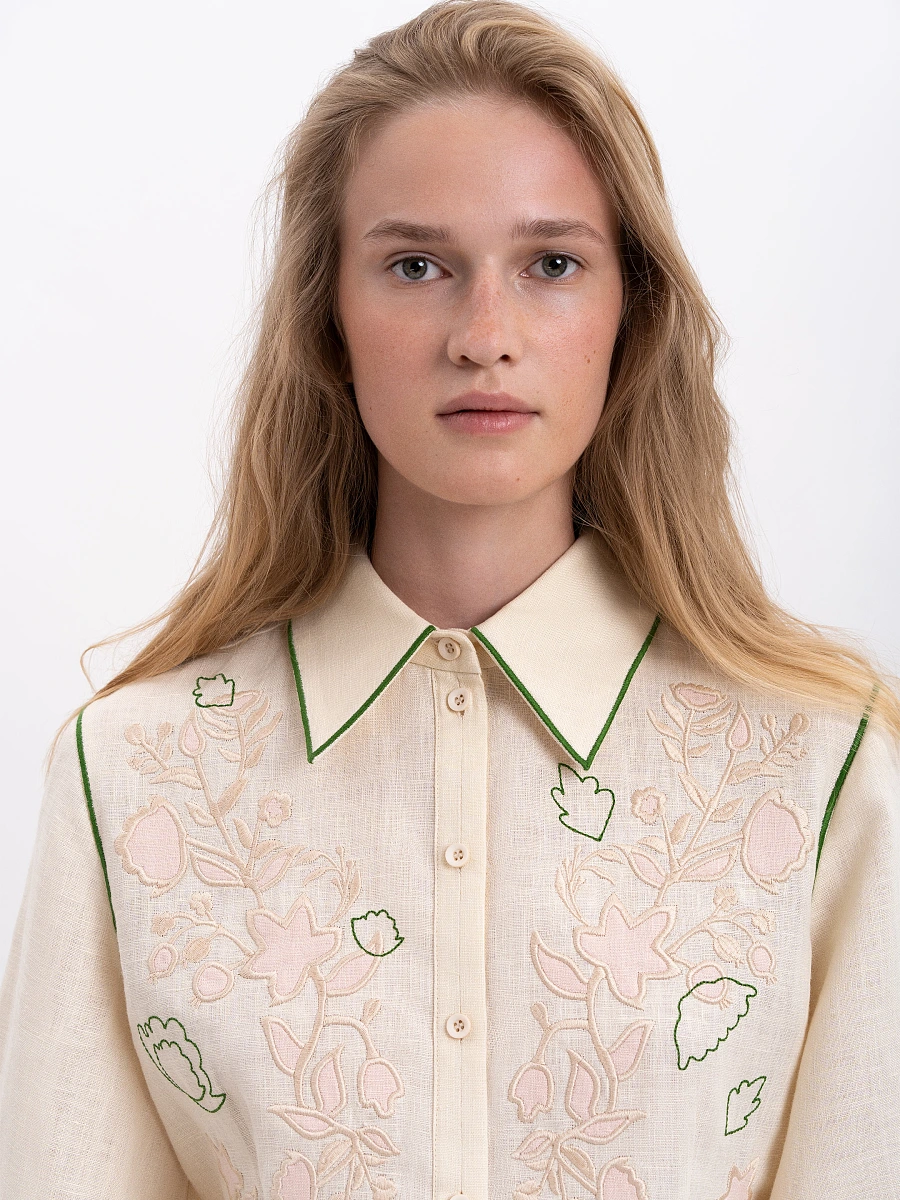 Black linen embroidered shirt "Zhuravlyna" — Creamy