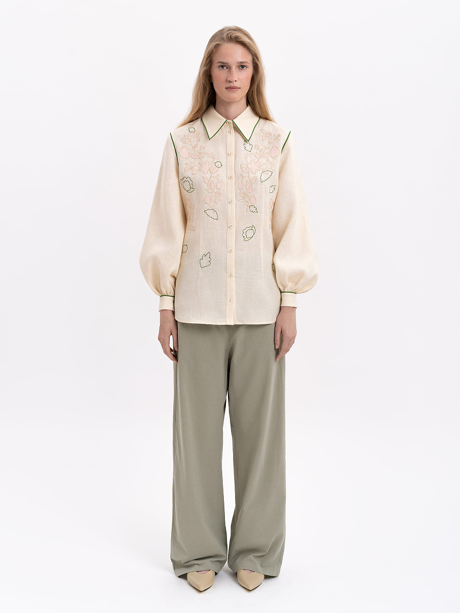 Linen embroidered shirt of milk color "Zhuravlyna" [0]
