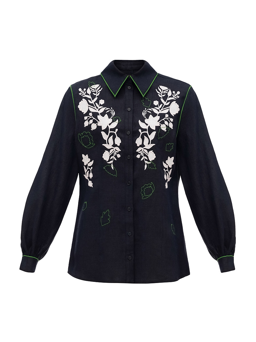 Black linen embroidered shirt "Zhuravlyna" [0]