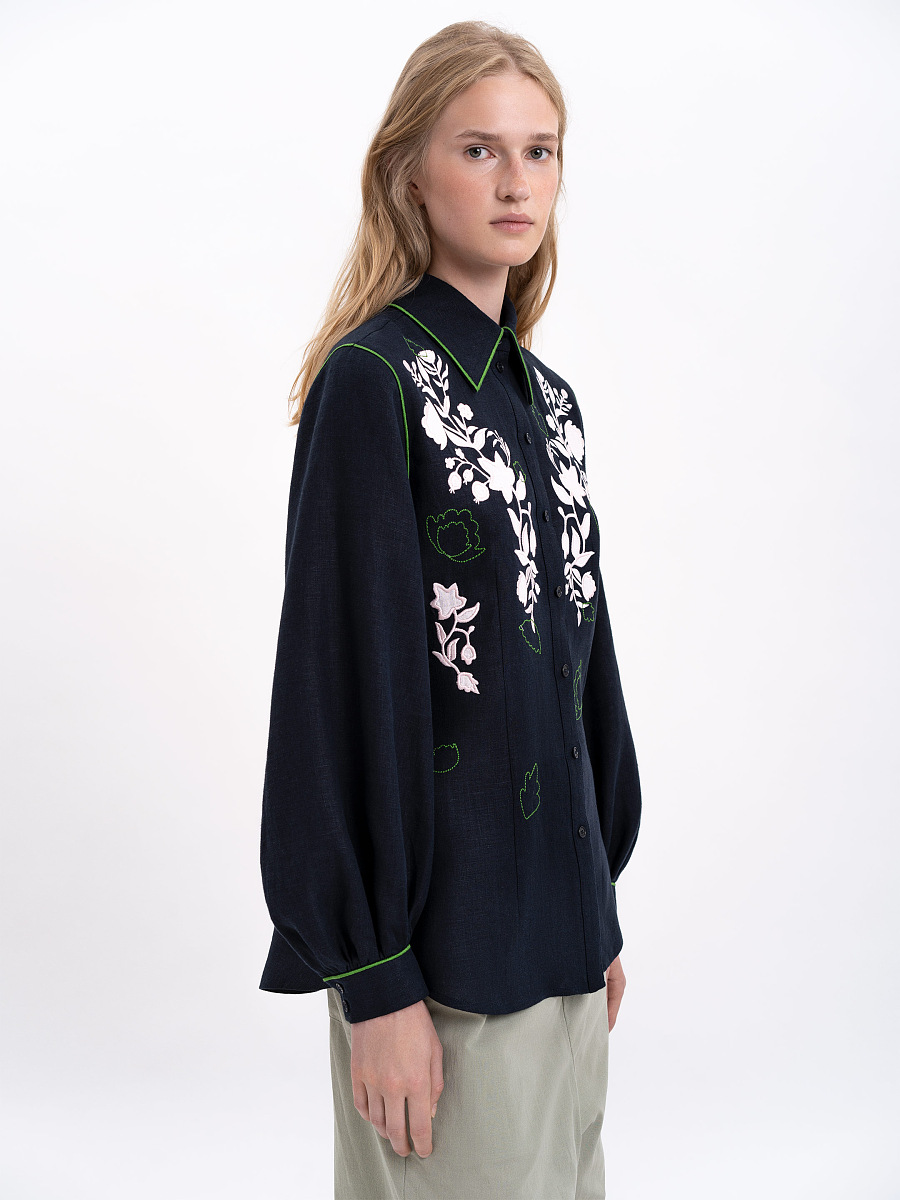Black linen embroidered shirt "Zhuravlyna" [0]
