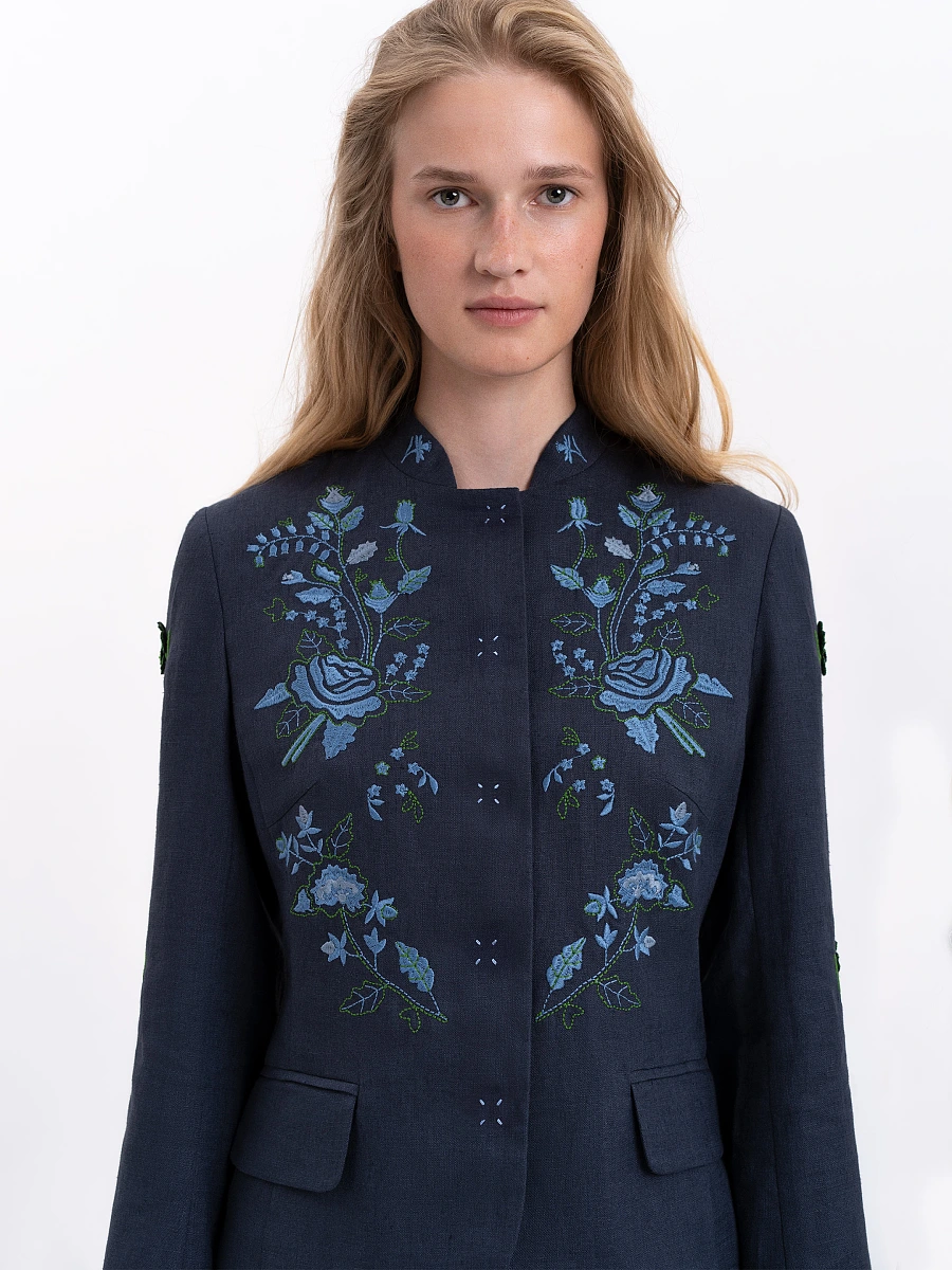 Linen embroidered jacket of milk color «Adoxa» — Blue