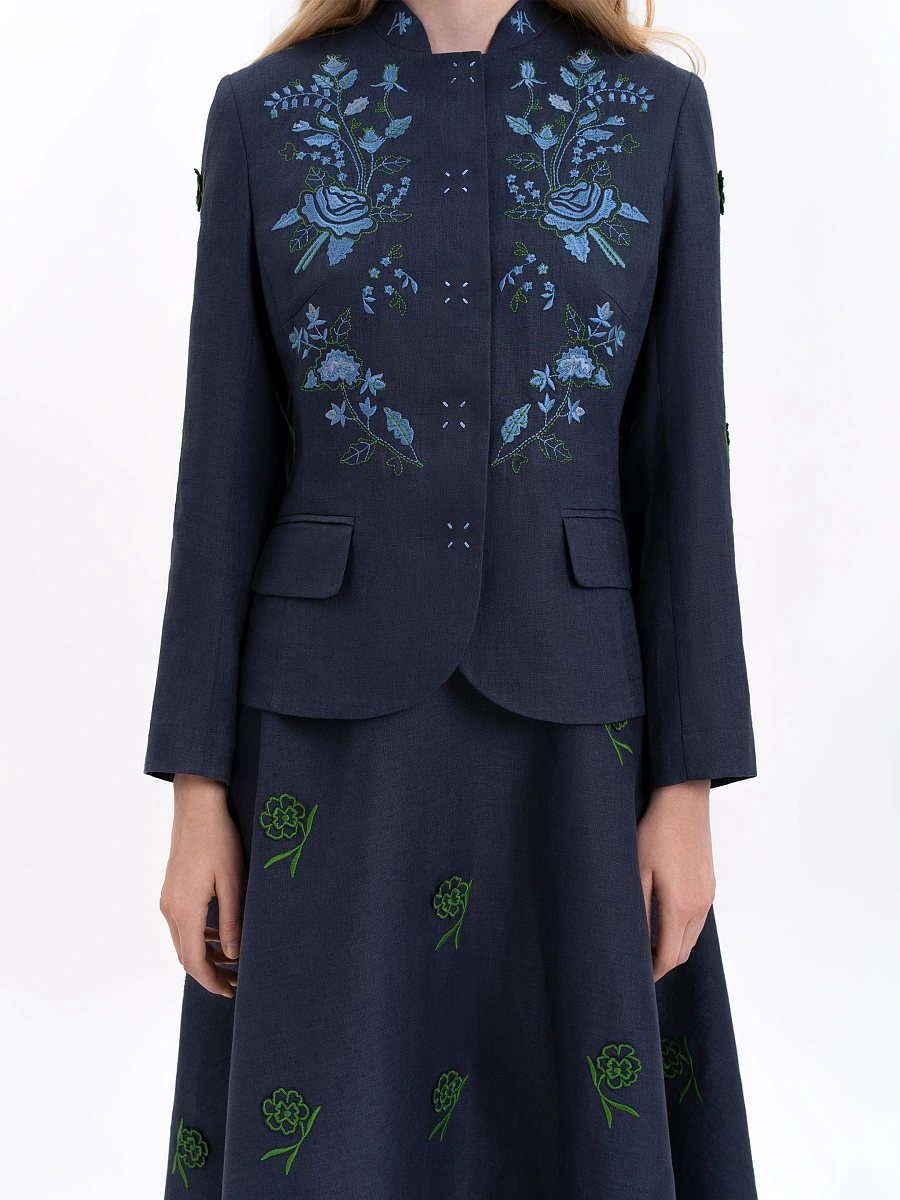 Linen embroidered jacket of milk color «Adoxa» — Blue