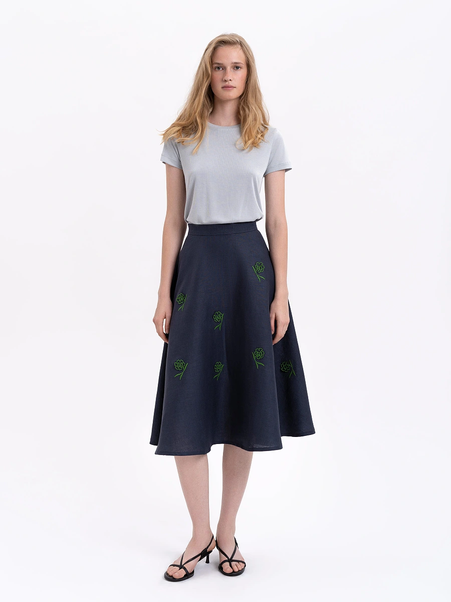 Milk colored linen embroidered skirt «Adoxa» — Blue