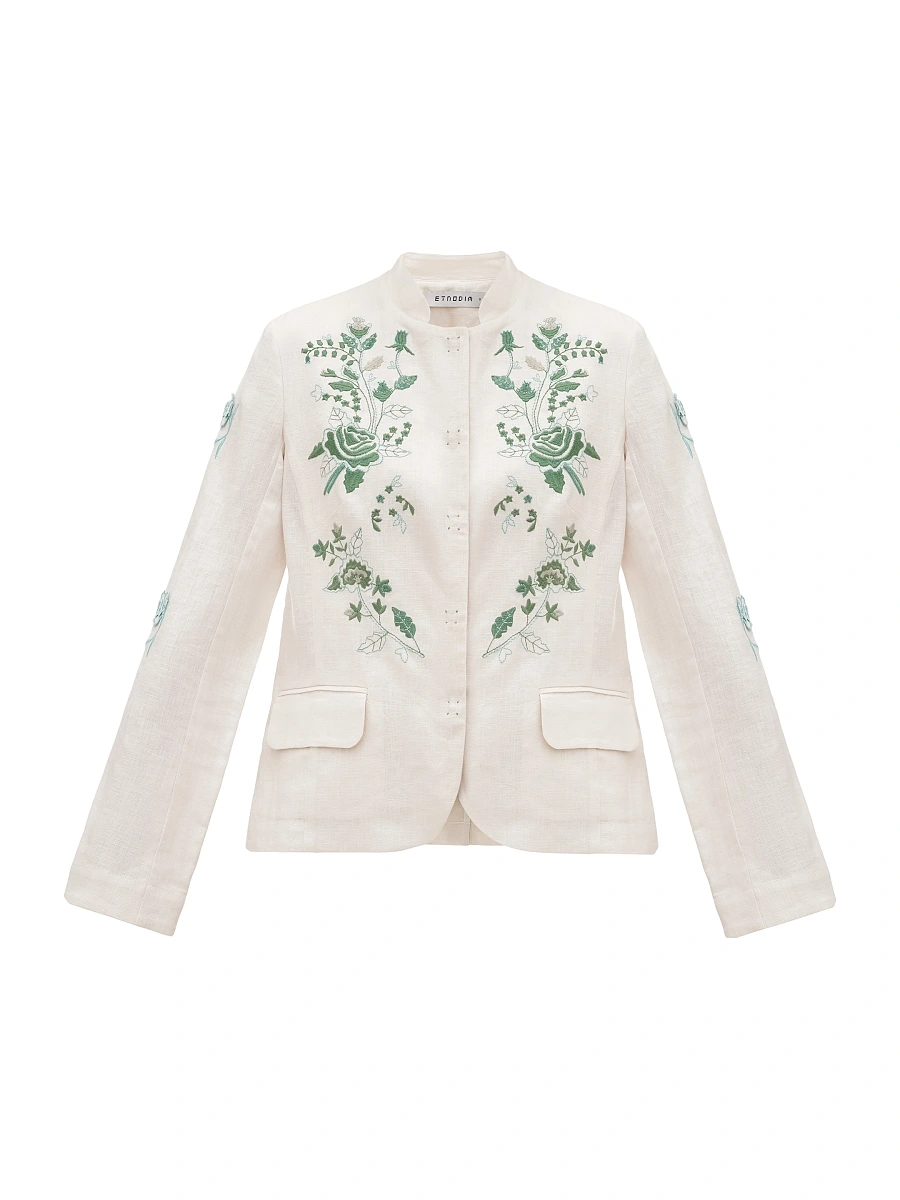 Linen embroidered jacket of dark blue color «Adoxa» — Creamy