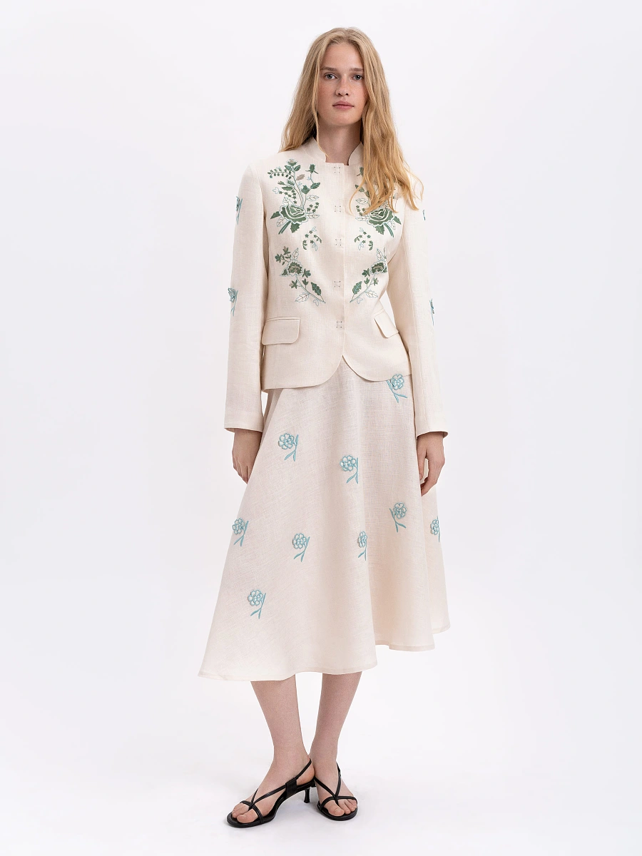 Linen embroidered jacket of dark blue color «Adoxa» — Creamy