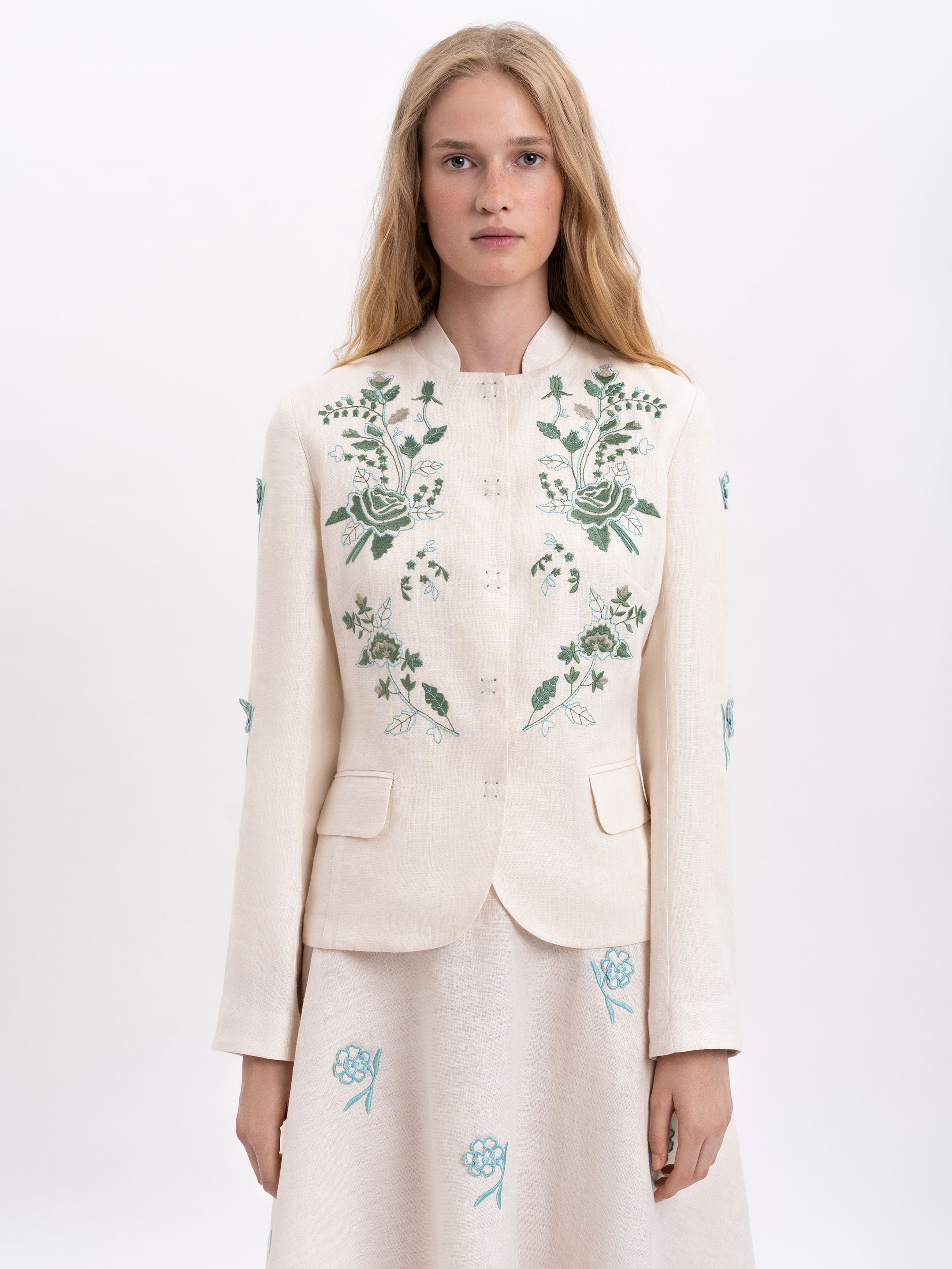 Linen embroidered jacket of milk color «Adoxa» cheap