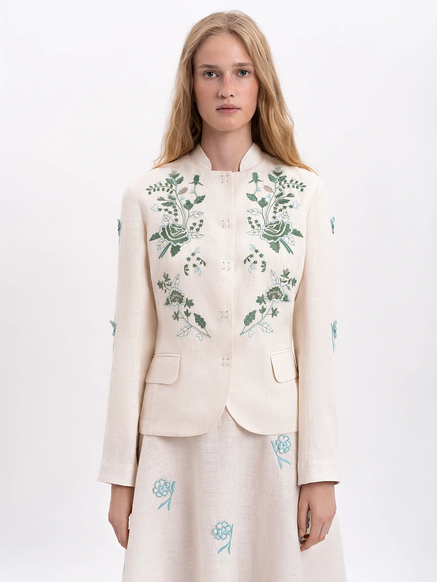 Linen embroidered jacket of dark blue color «Adoxa» — Creamy