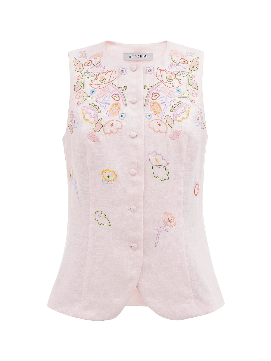 Black linen embroidered vest "Agrus" — Pink
