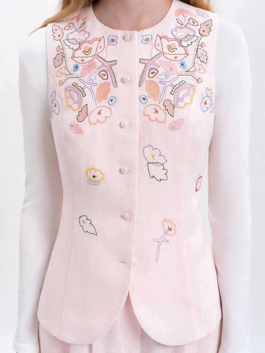 Black linen embroidered vest "Agrus" — Pink