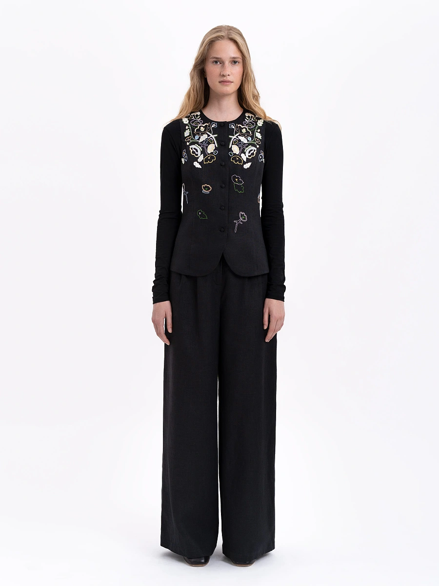Light pink linen embroidered vest "Agrus" — Black