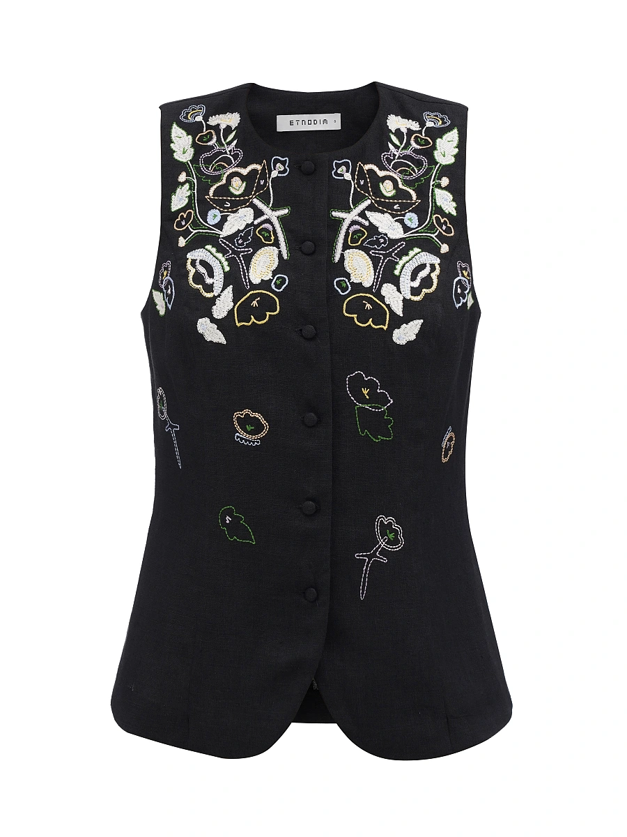 Light pink linen embroidered vest "Agrus" — Black