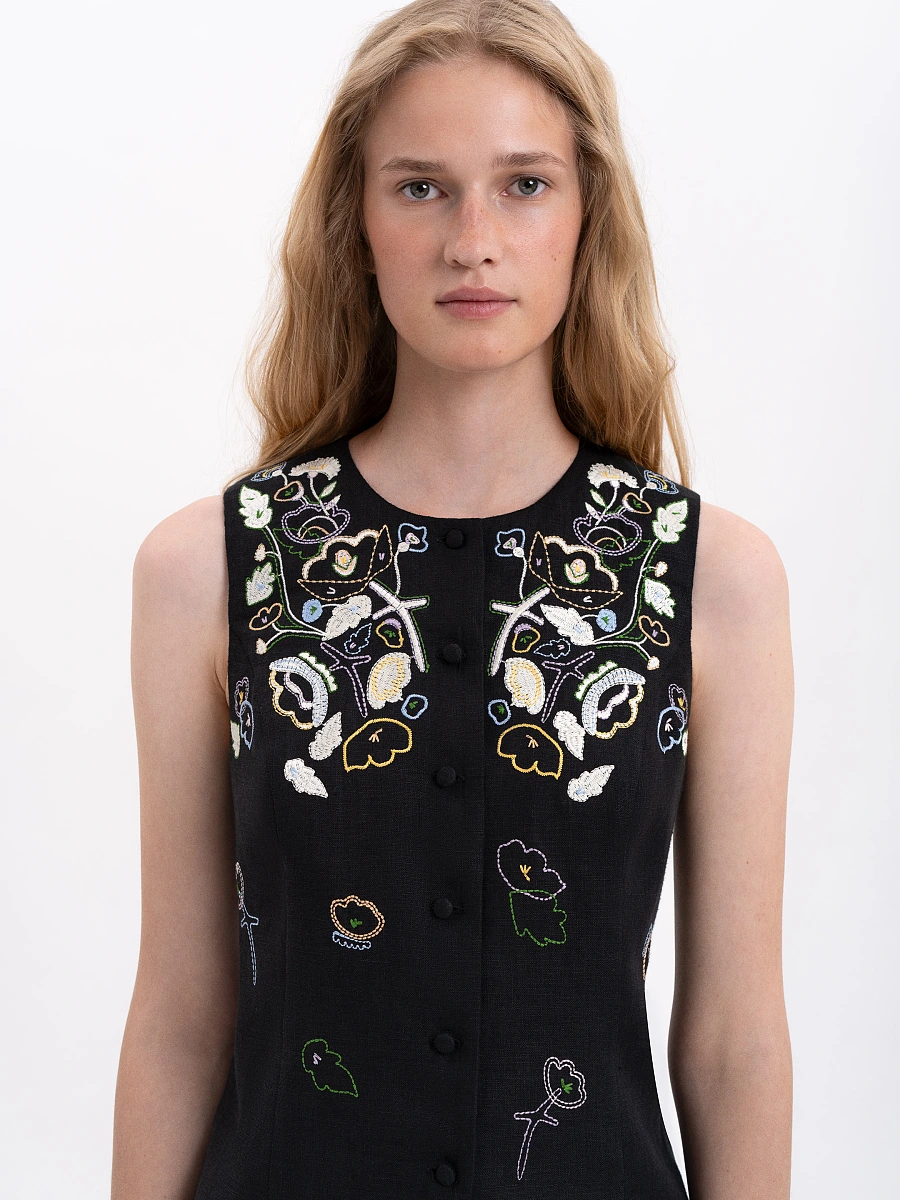 Light pink linen embroidered vest "Agrus" — Black