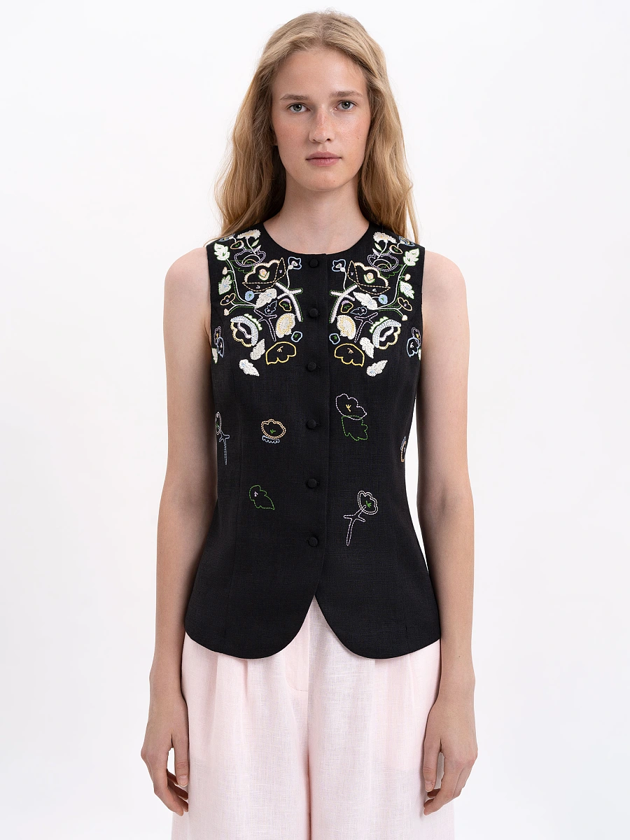 Light pink linen embroidered vest "Agrus" — Black