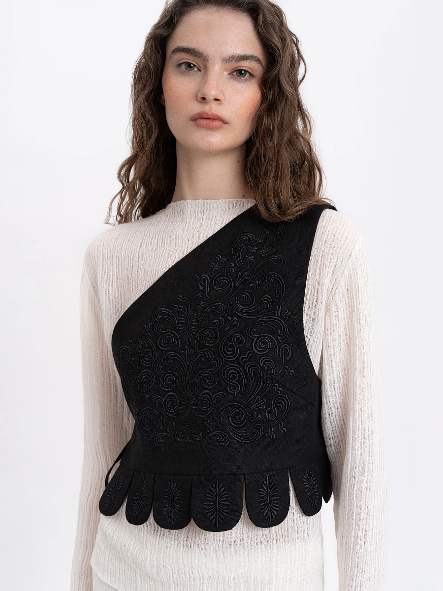 Asymmetric vest with red embroidery in tone "Osiayna" — Black
