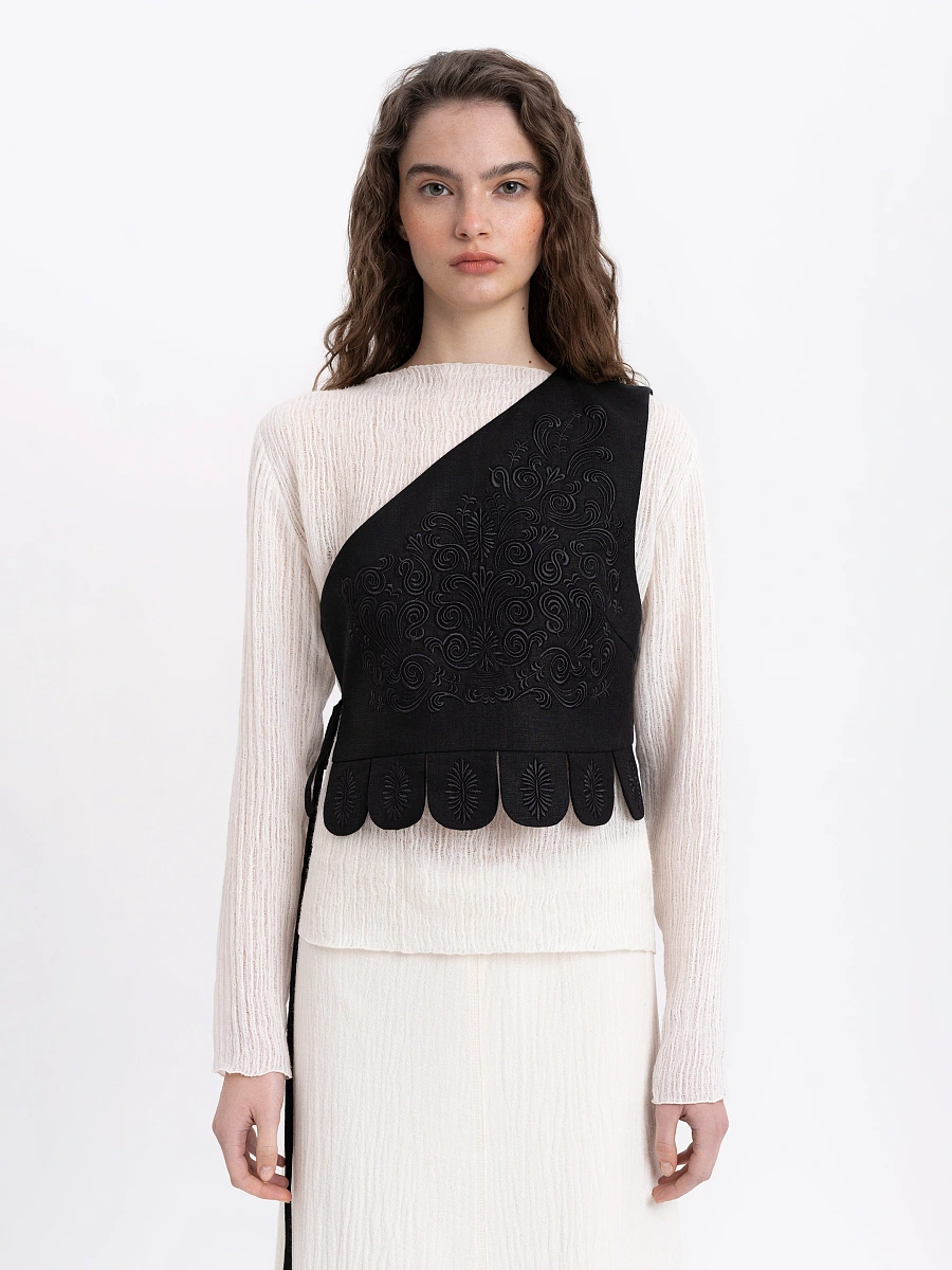Asymmetric vest with red embroidery in tone "Osiayna" — Black