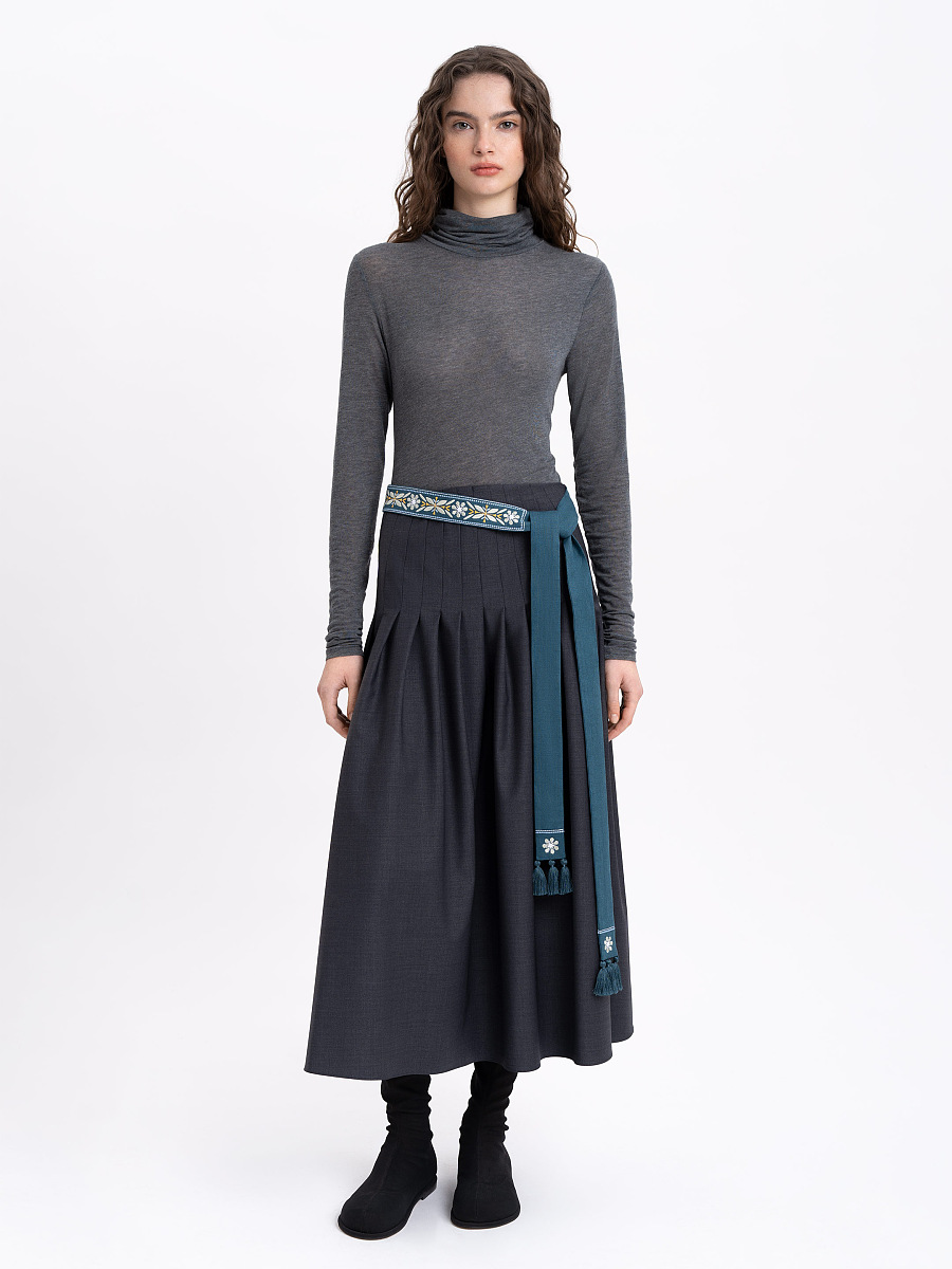 Linen embroidered belt in cyan color "Flora" [0]
