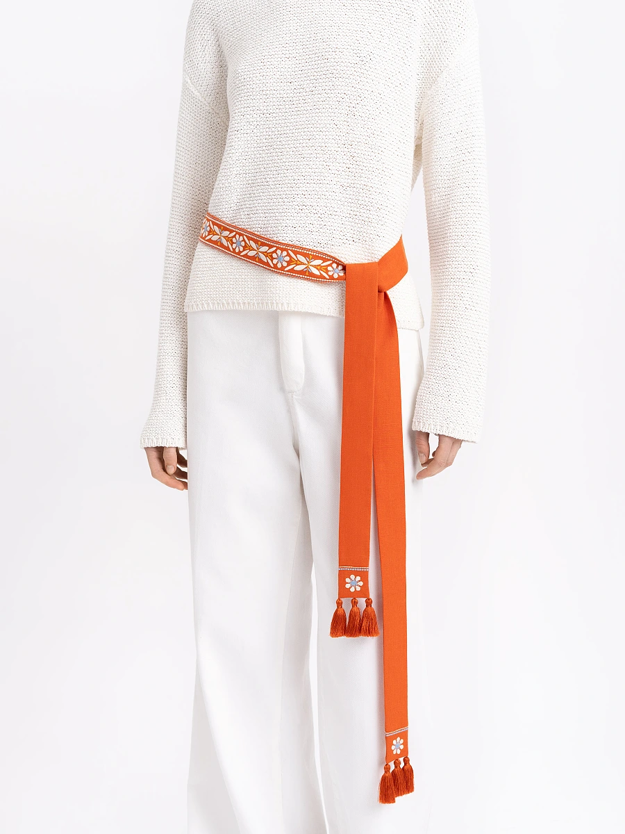 Black linen belt with orange embroidery "Flora" — Rufous