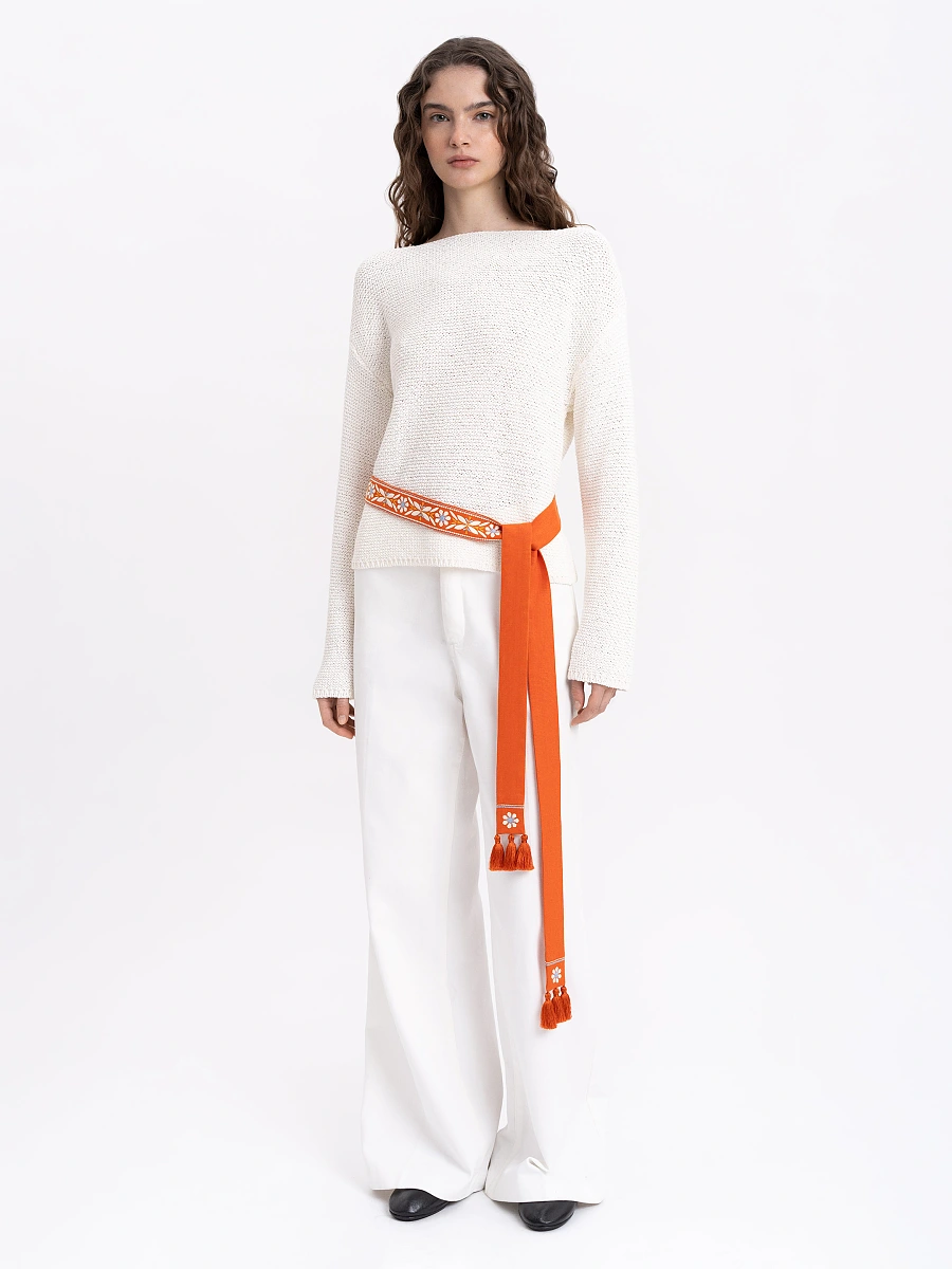 Black linen belt with orange embroidery "Flora" — Rufous