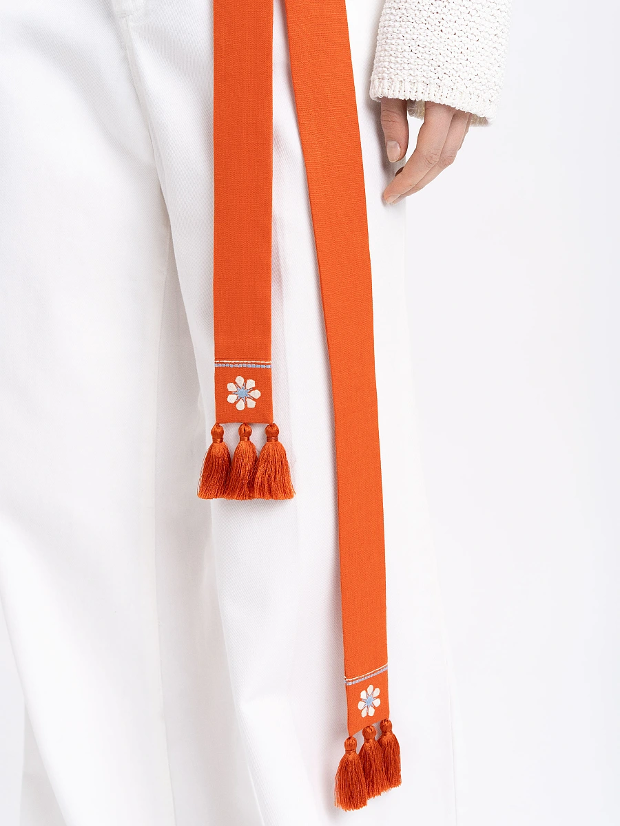 Black linen belt with orange embroidery "Flora" — Rufous