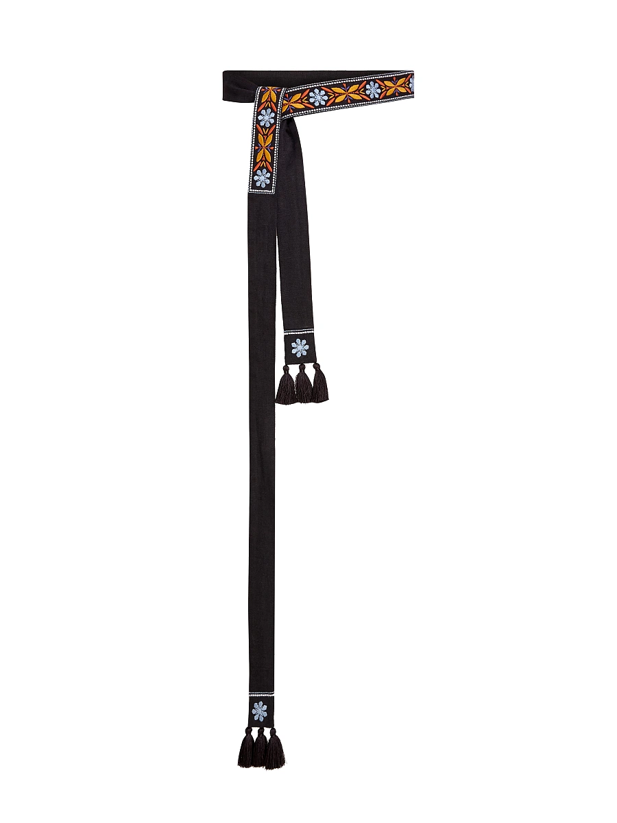 Linen embroidered belt in carrot color "Flora" — Black